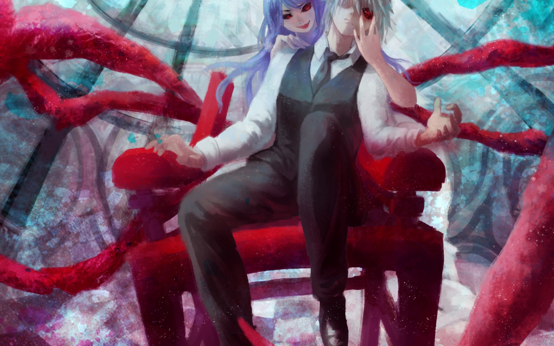 Скачать обои девушка, улыбка, аниме, арт, парень, tokyo ghoul, kaneki ken,  kamishiro rize, раздел сэйнэн в разрешении 1920x1200