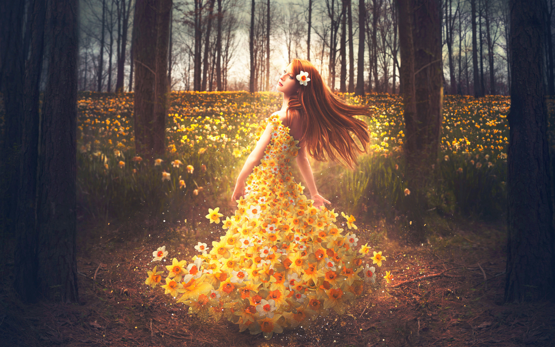 девушка, цветы, платье, нарциссы, Shelby Robinson