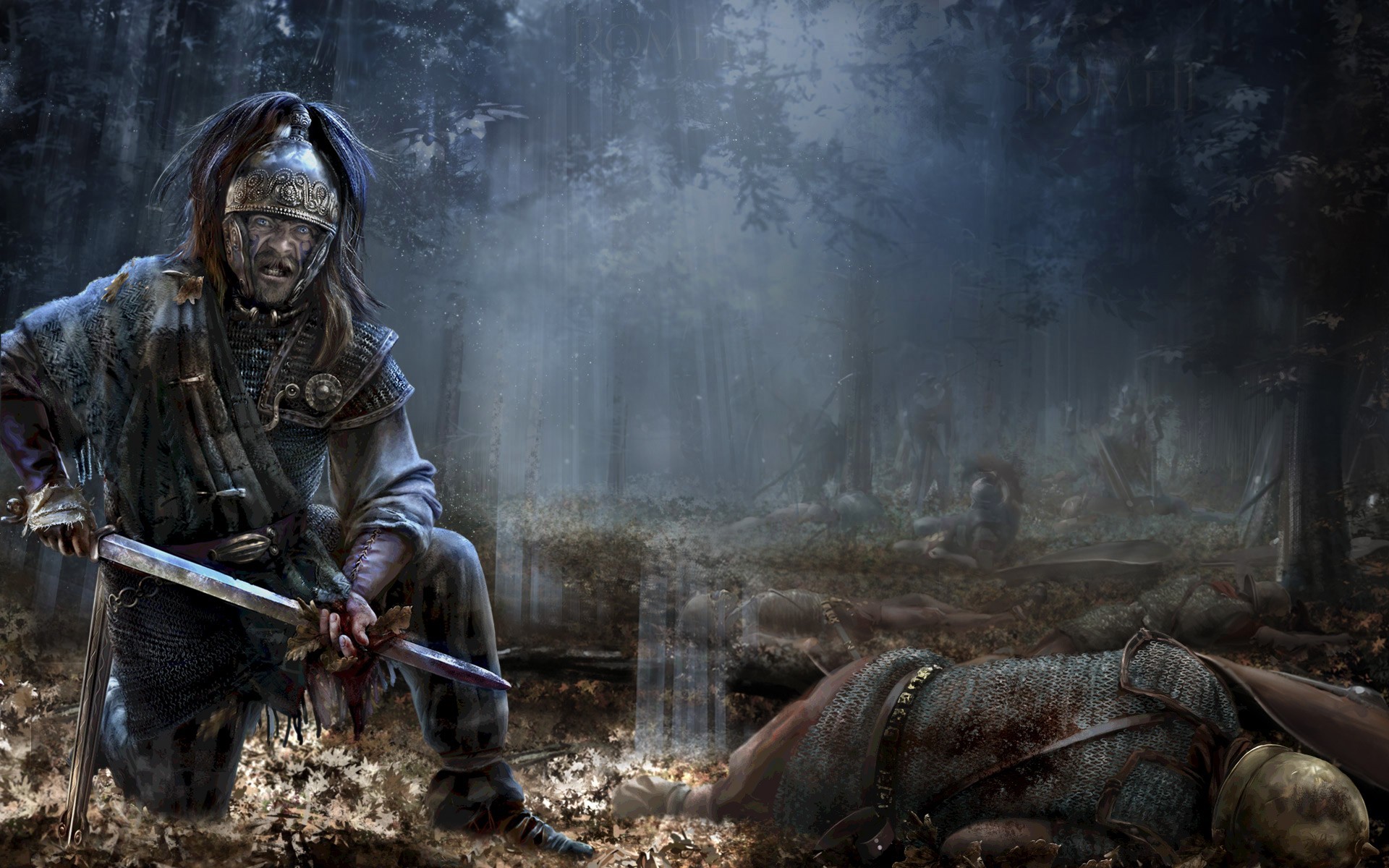 Скачать обои Total War, wood, background, video games, Total War: Rome 2,  dead legionnaires, Pict warrior, Rome 2, раздел игры в разрешении 1920x1200