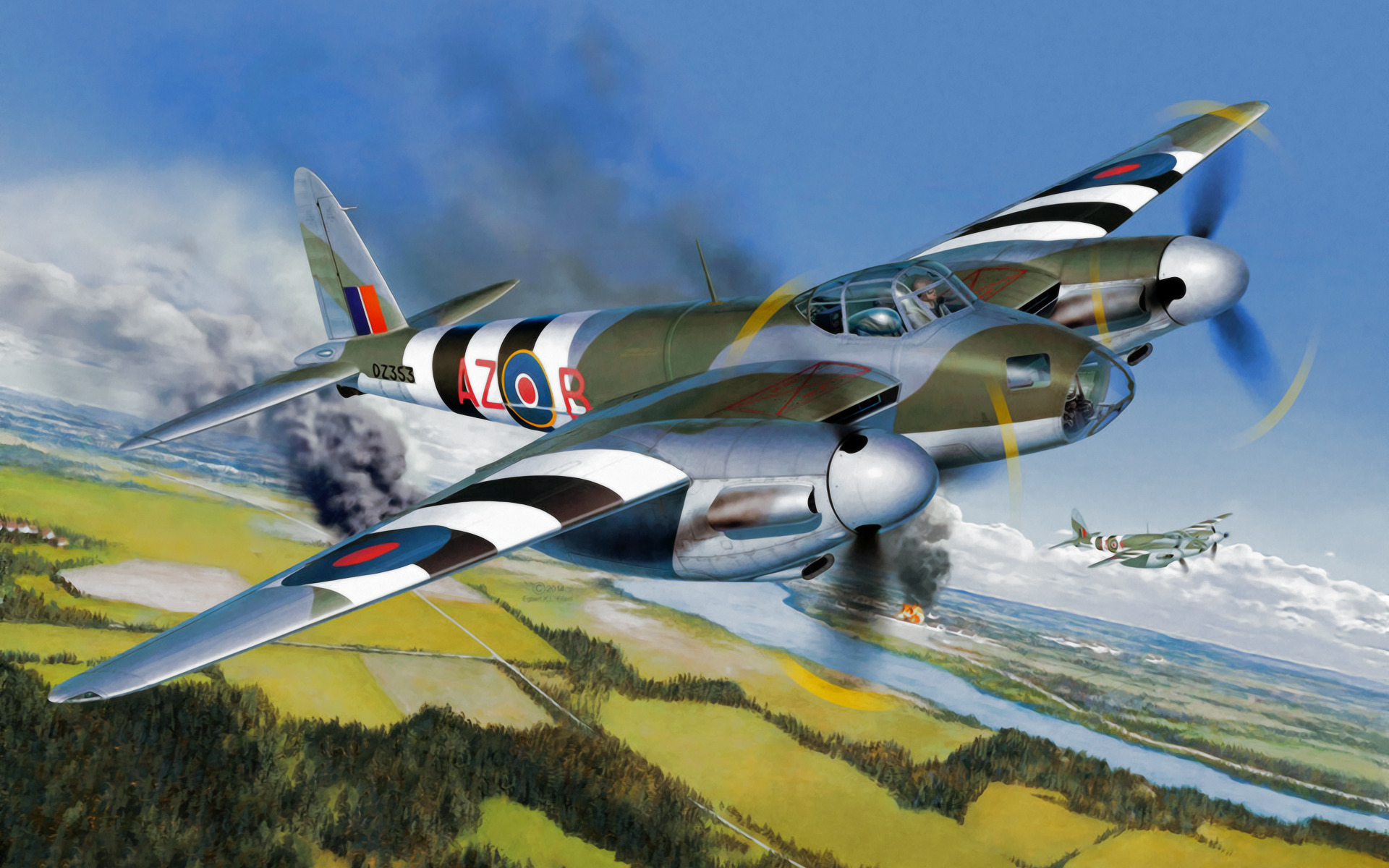 Скачать обои war, art, painting, aviation, ww2, De Havilland Mosquito ...