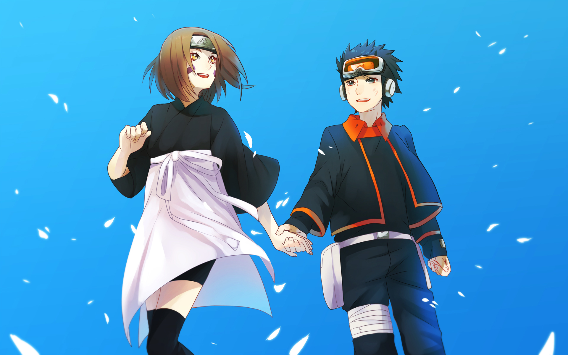 Обои вместе, naruto, anime, art, Obito Uchiha, Rin Nohara, держутся за руки  на телефон и рабочий стол, раздел сёнэн, разрешение 1920x1200 - скачать