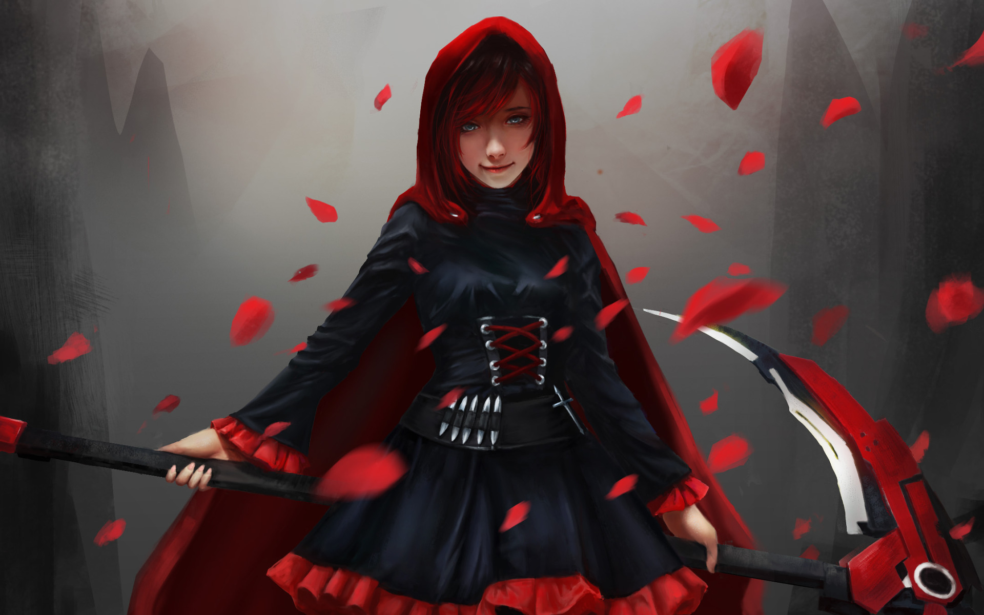 Скачать обои лепестки, коса, red, плащ, anime, art, rwby, ruby rose, раздел  прочее в разрешении 1920x1200