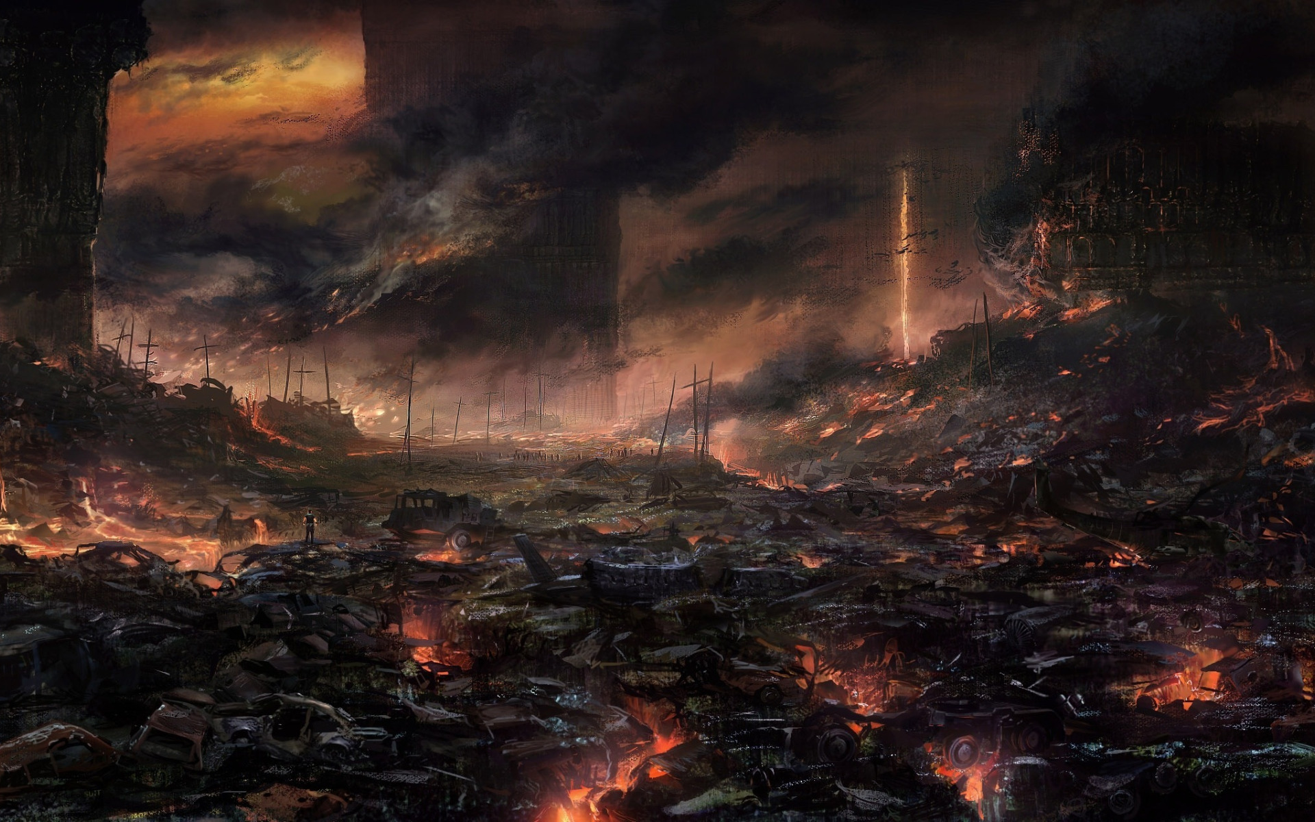 Земля после взрывов. Вархаммер фэнтези Огненные войны. Разрушенный город. Разрушенный мир. Город в огне.