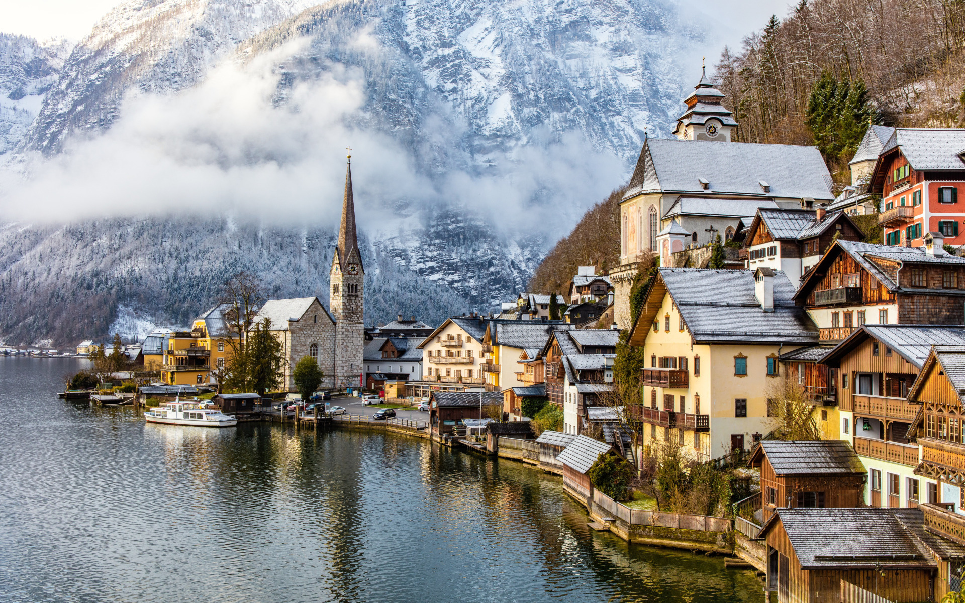 Скачать обои горы, озеро, дома, Австрия, Альпы, Austria, Hallstatt, Alps,  раздел город в разрешении 1920x1200