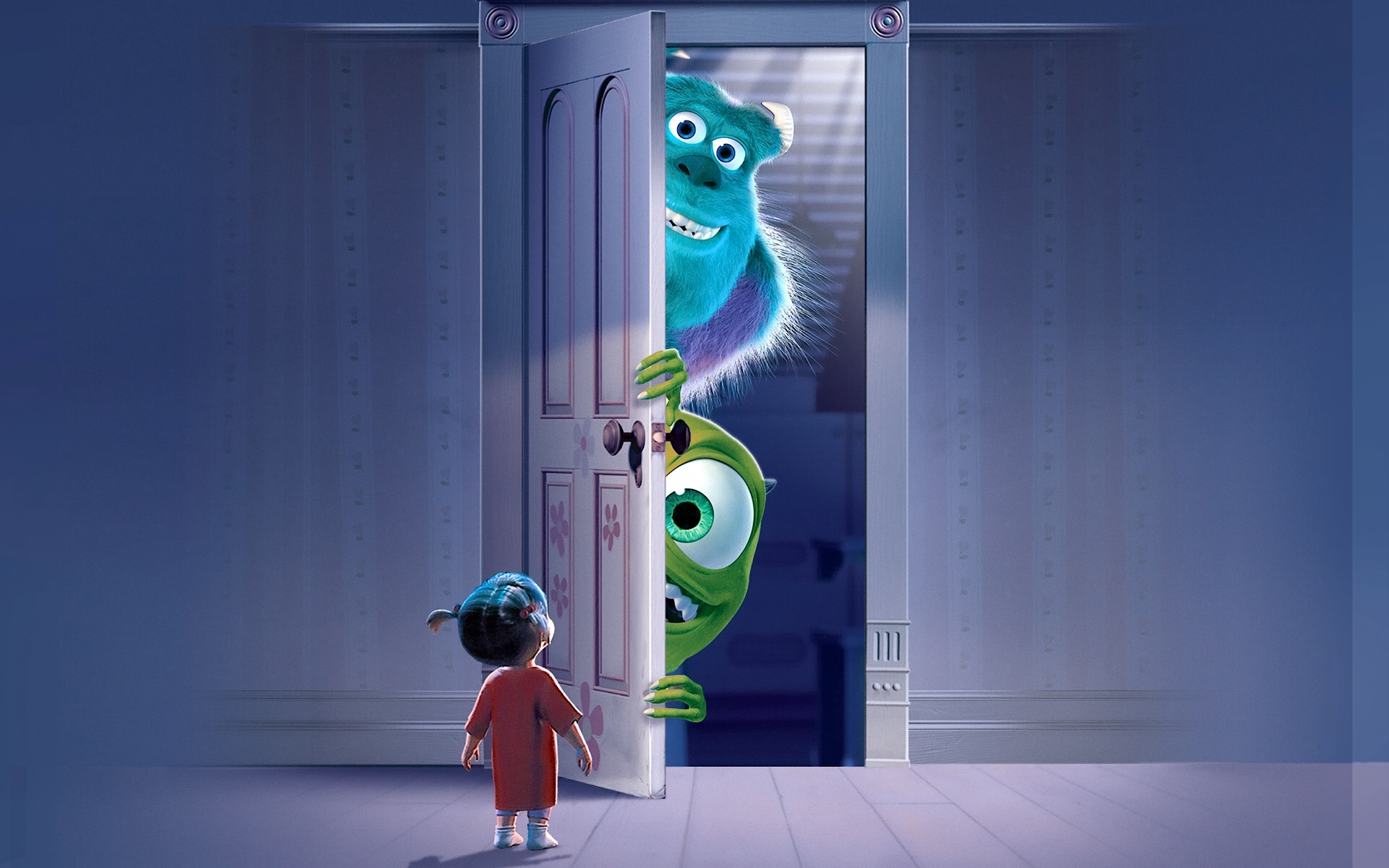 Обои дверь, Monsters.Inc, Mike Wazowski, Корпорация монстров, James P.  Sullivan, Mary Boo на телефон и рабочий стол, раздел фильмы, разрешение  1920x1200 - скачать