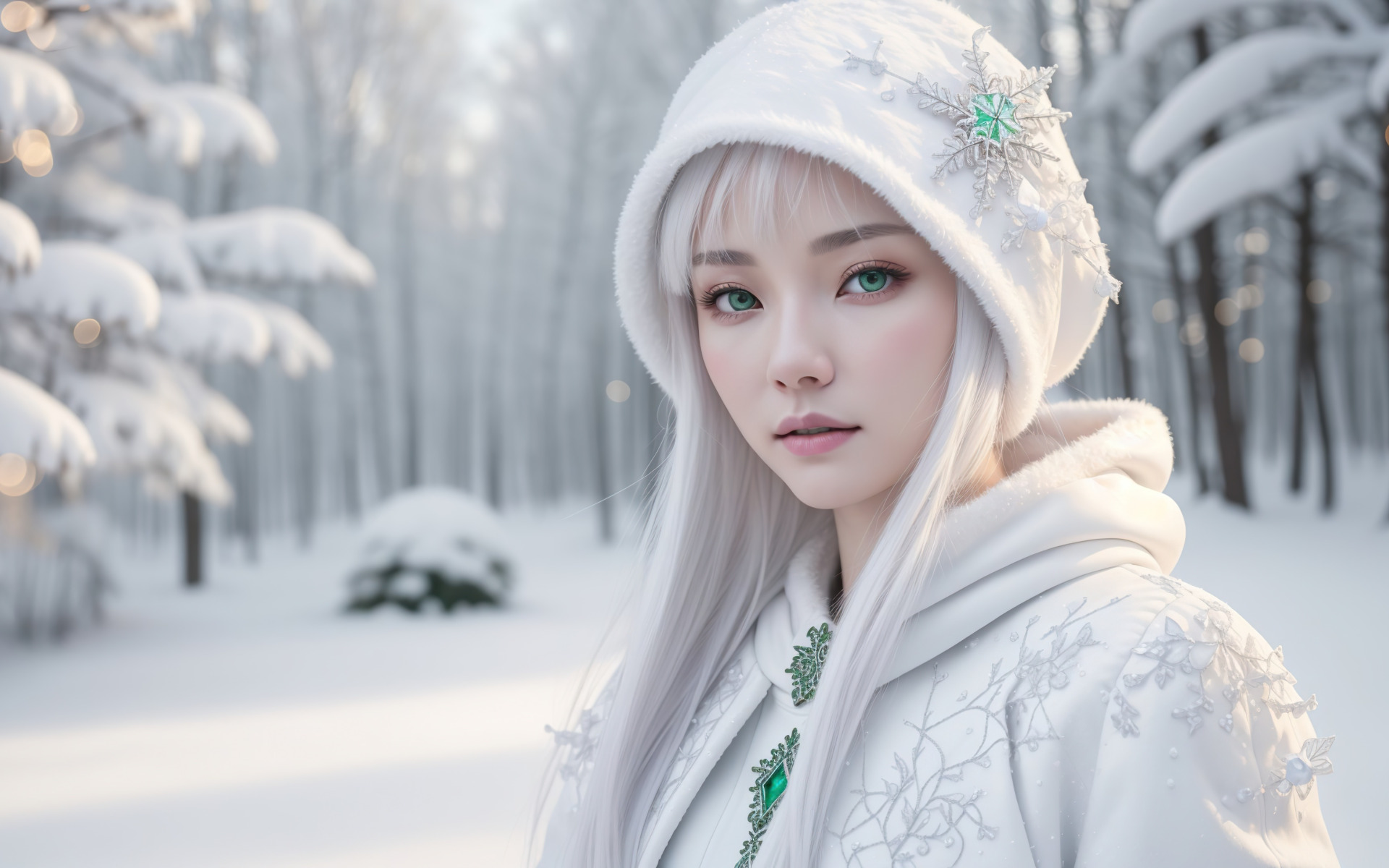 Скачать обои girl, fantasy, green eyes, nature, art, winter, snow ...