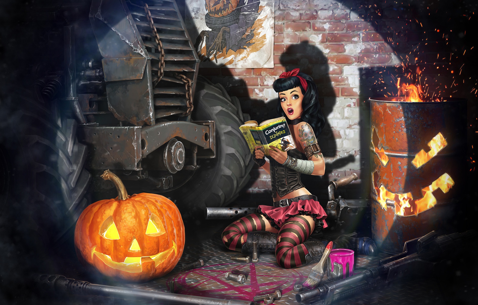 Обои игра, ситуация, арт, тыква, хэллоуин, Crossout, Sergey Kondratovich,  Post Apocalyptic pin up HELLOWEEN на телефон и рабочий стол, раздел игры,  разрешение 1920x1224 - скачать