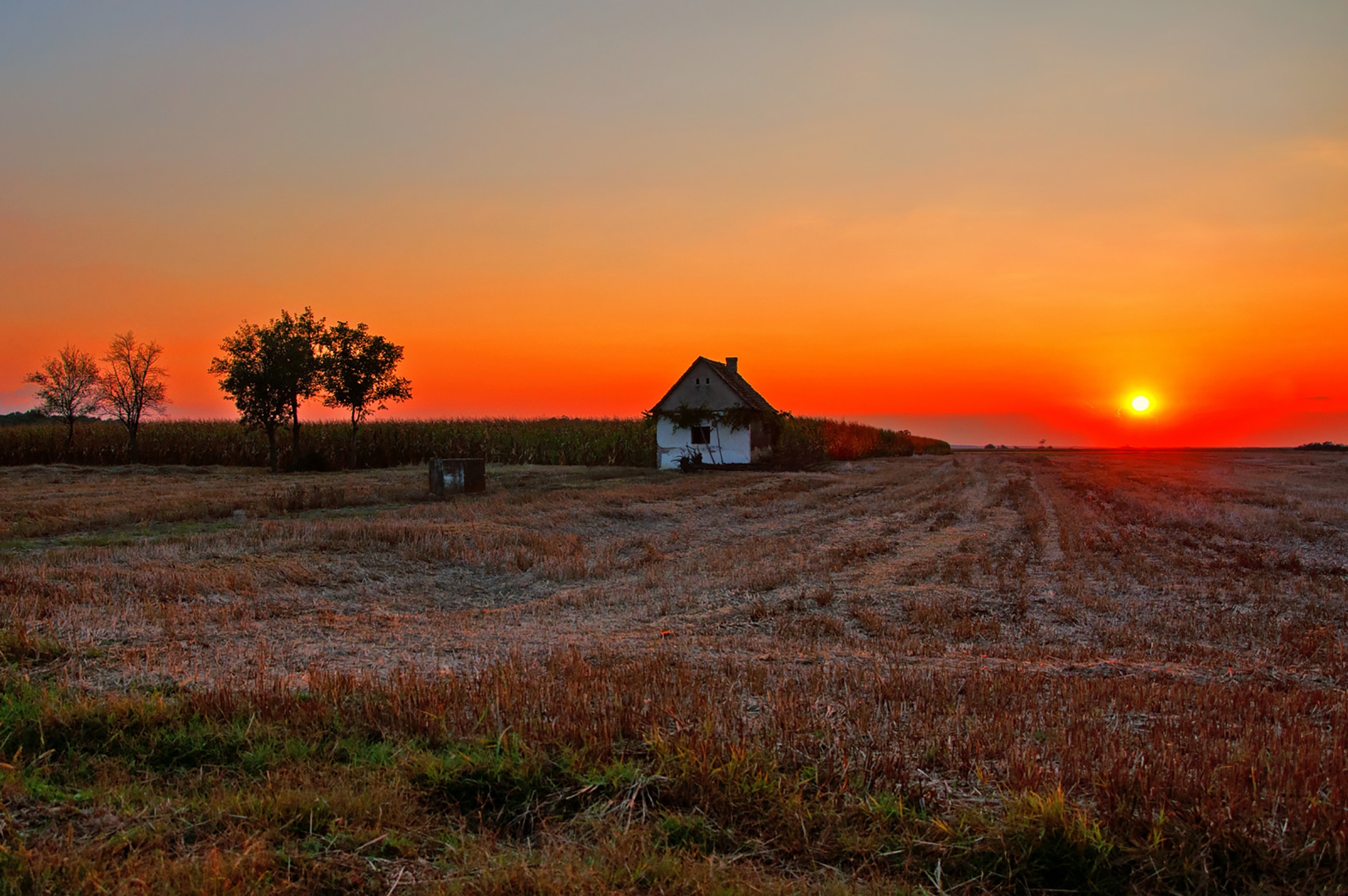 See countryside. Сельская местность. Одинокий дом в поле. Дом в поле на закате. Закат в сельской местности.