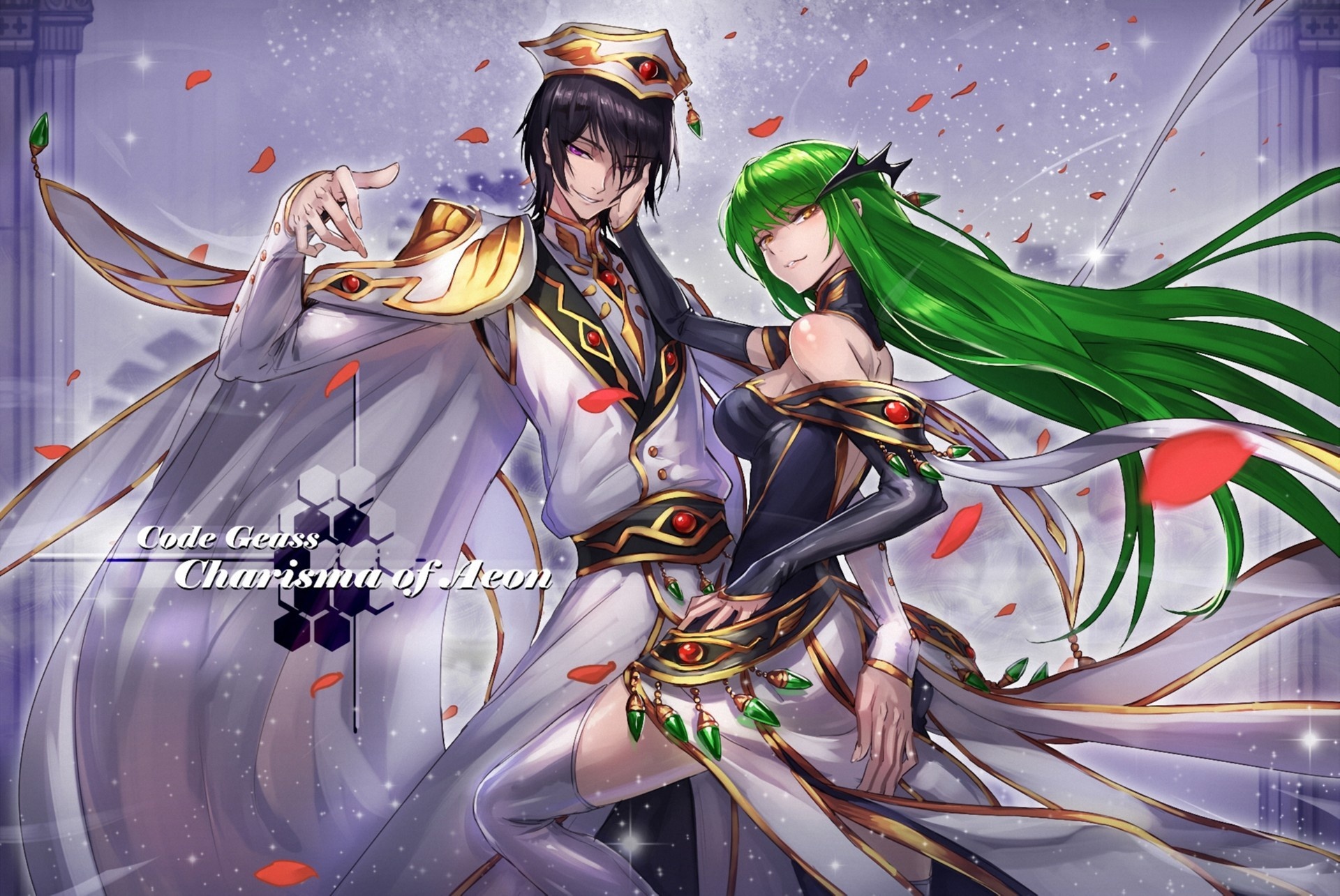 Скачать обои девушка, арт, парень, code geass, lelouch lamperouge, ryuuzaki  itsu, зеленые волосы? лепестки, раздел аниме в разрешении 1920x1285