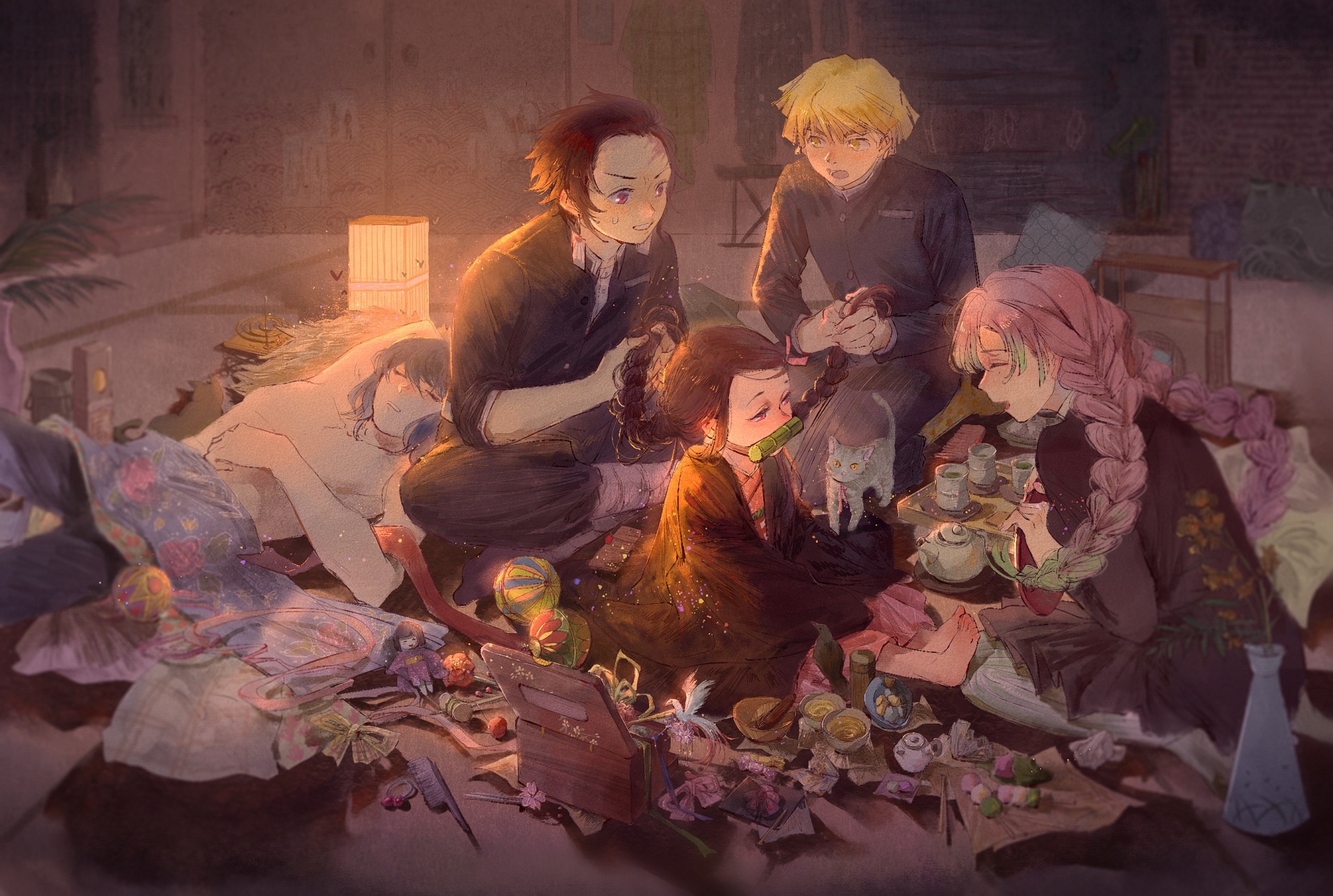 Скачать обои комната, Nezuko Kamado, Клинок Рассекающий Демонов, Tanjirou  Kamado, Yukinoneko, Demon Slayer: Kimetsu no Yaiba, Zenitsu Agatsuma,  раздел сёнэн в разрешении 1920x1291