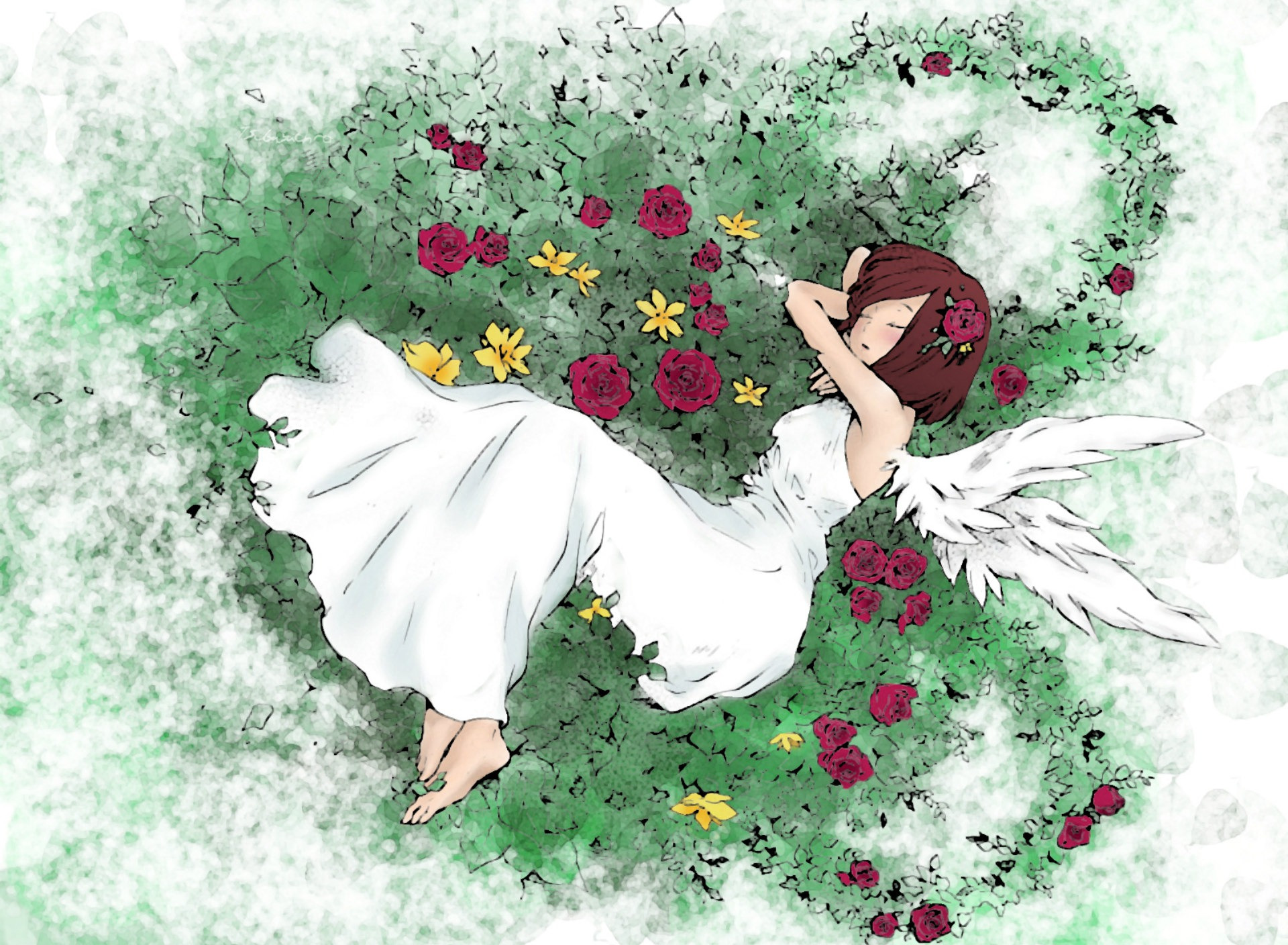 Гигант дарит девочке цветочек арт. Женщина лежит на цветах белом платье арт. Фловер герлз сон трава. Маки зенин фан арты в платье