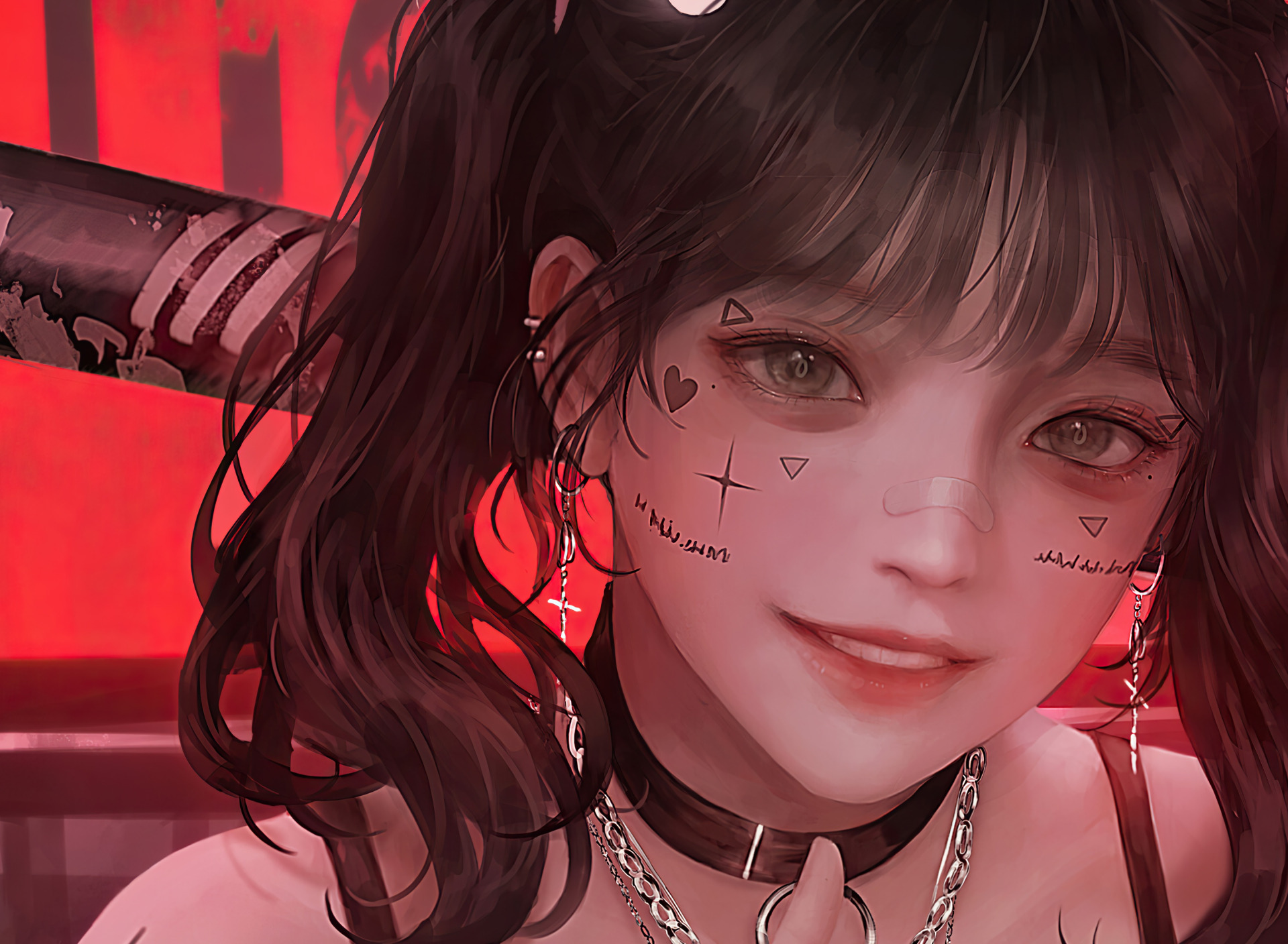 Скачать обои red, girl, green eyes, heart, anime, pretty, tattoo, bat,  раздел арт в разрешении 1920x1408