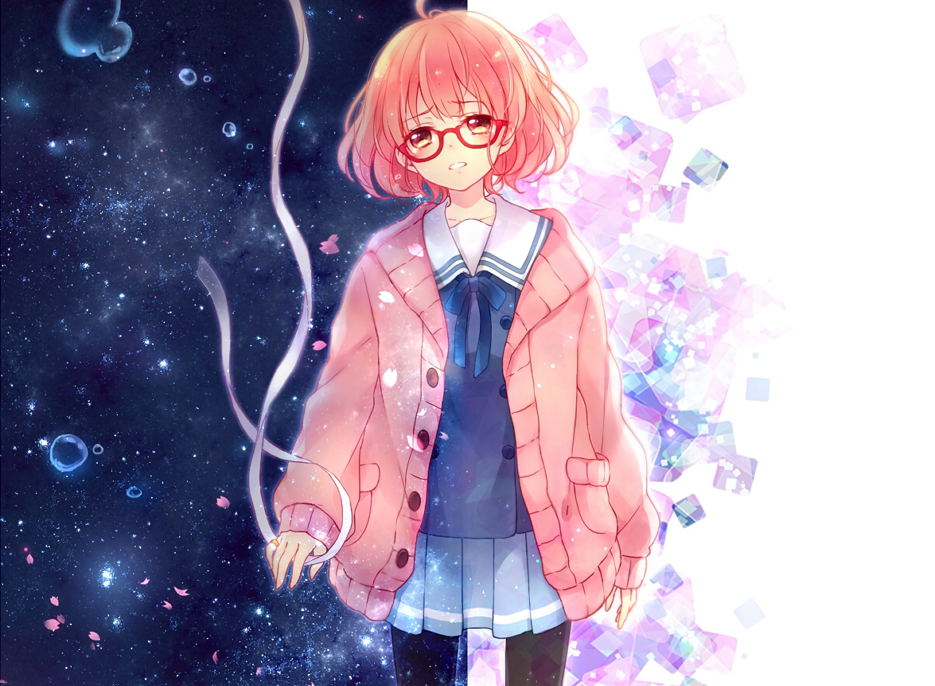 Скачать обои девушка, аниме, лепестки, слезы, арт, лента, kyoukai no  kanata, kuriyama mirai, раздел сёдзё в разрешении 1920x1408