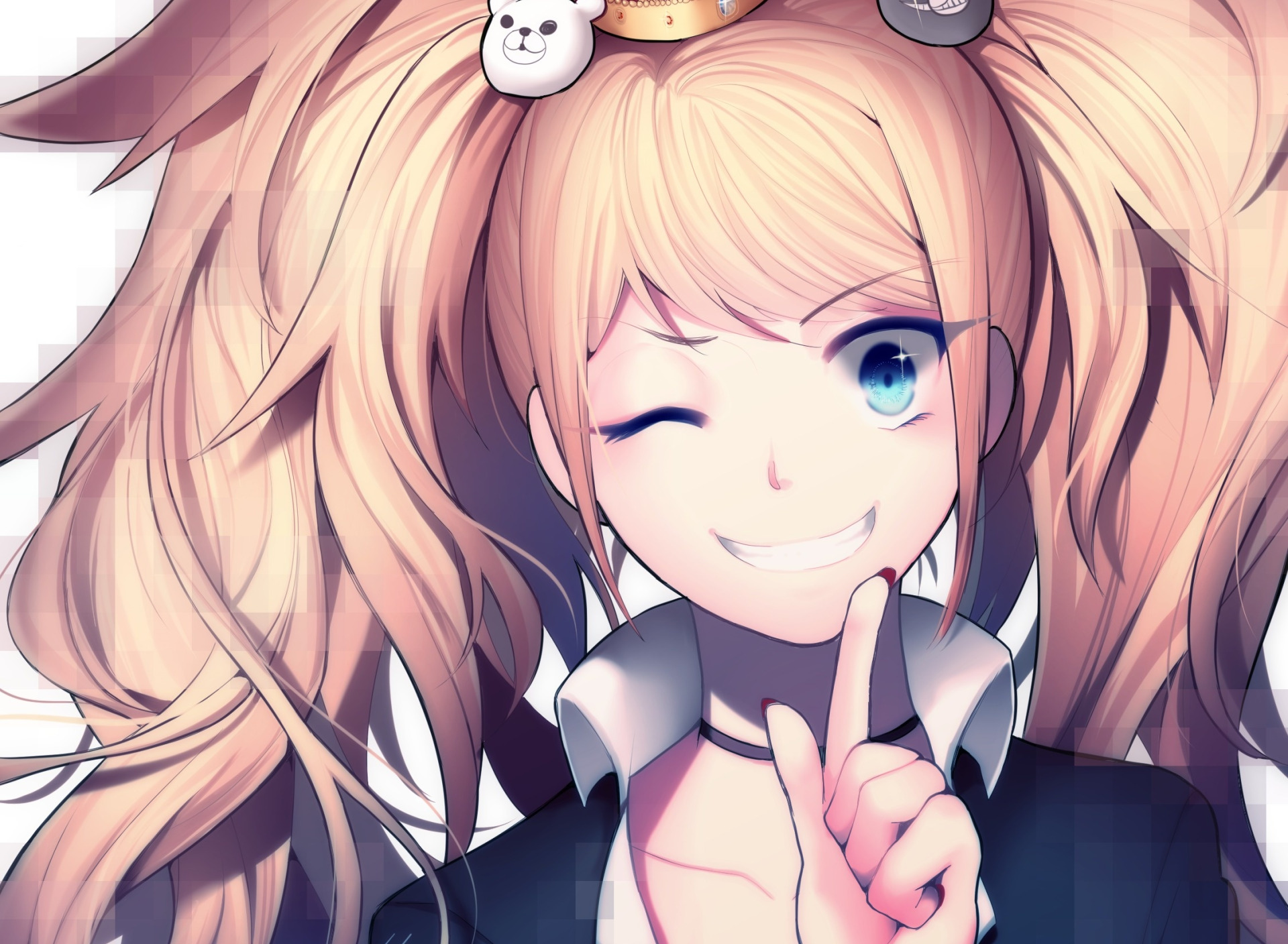 Скачать обои взгляд, девушка, улыбка, жест, art, подмигивает, enoshima  junko, danganronpa, раздел аниме в разрешении 1920x1408