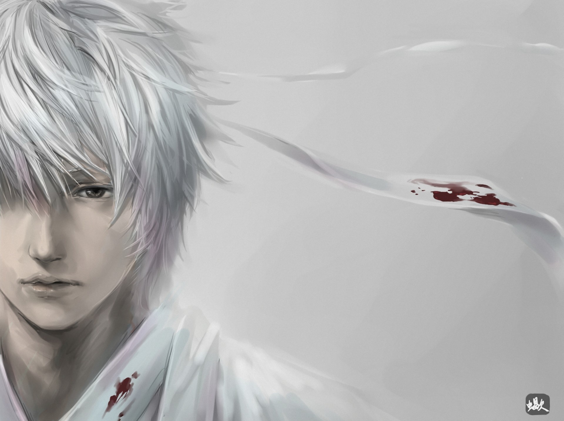 Скачать обои кровь, пятна, лента, парень, белые волосы, gintama, sakata  gintoki, раздел аниме в разрешении 1920x1436