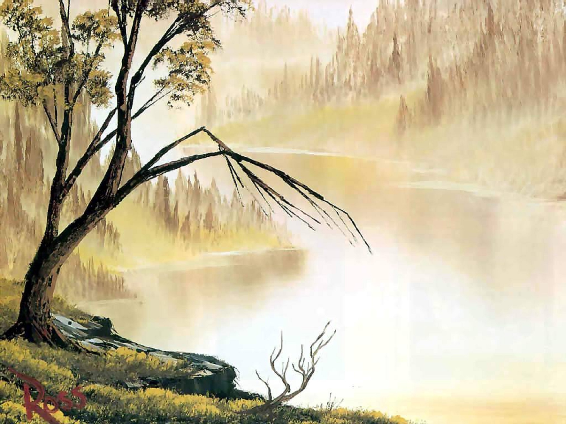 Два пейзажа. Боб Росс картины лес. Роберт «Боб» Норман Росс. Боб Росса река. Пейзаж на бежевом фоне.
