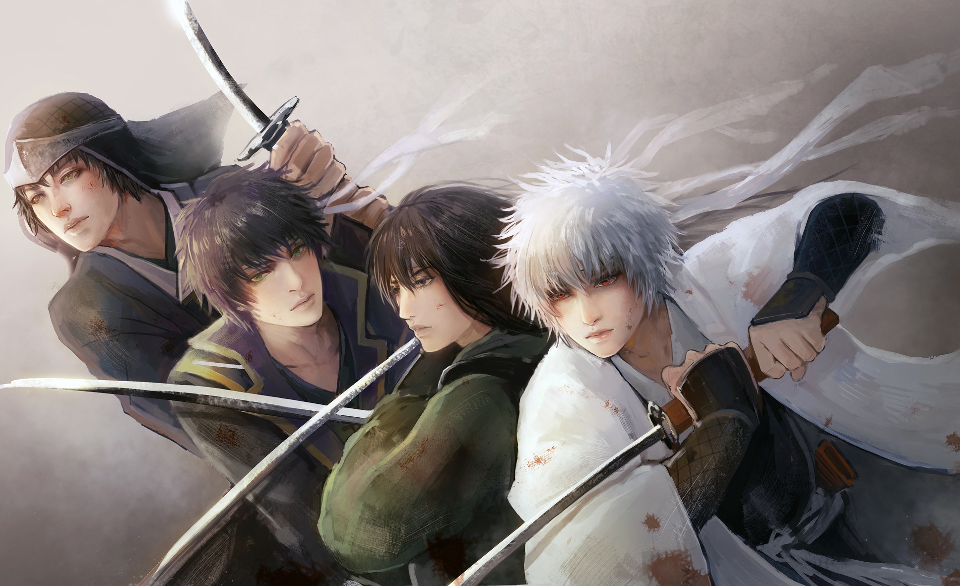 Обои кровь, мечи, красные глаза, мужчины, самураи, Gintama, Sakata Gintoki,  Takasugi Shinsuke на телефон и рабочий стол, раздел аниме, разрешение  1935x1181 - скачать