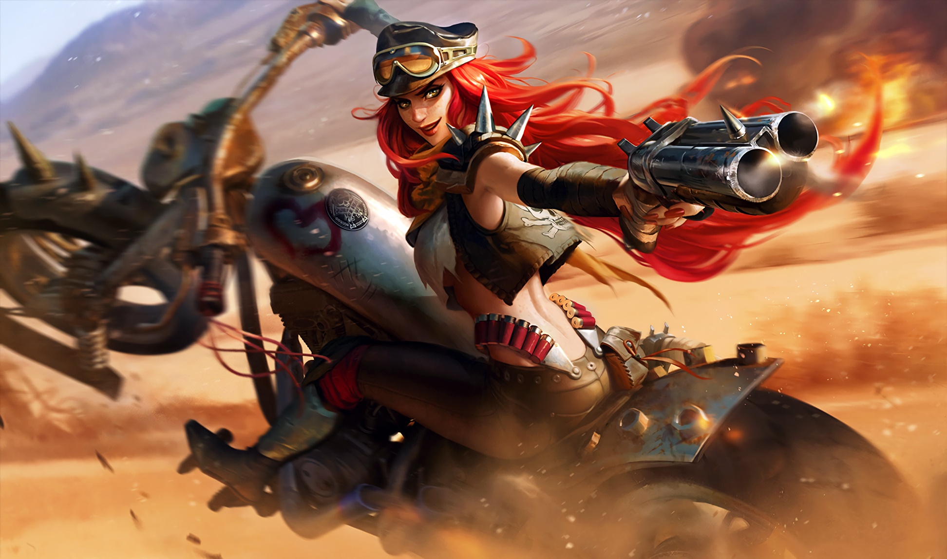 Обои girl, gun, fantasy, game, weapon, hat, motorcycle, redhead на телефон  и рабочий стол, раздел игры, разрешение 1944x1148 - скачать