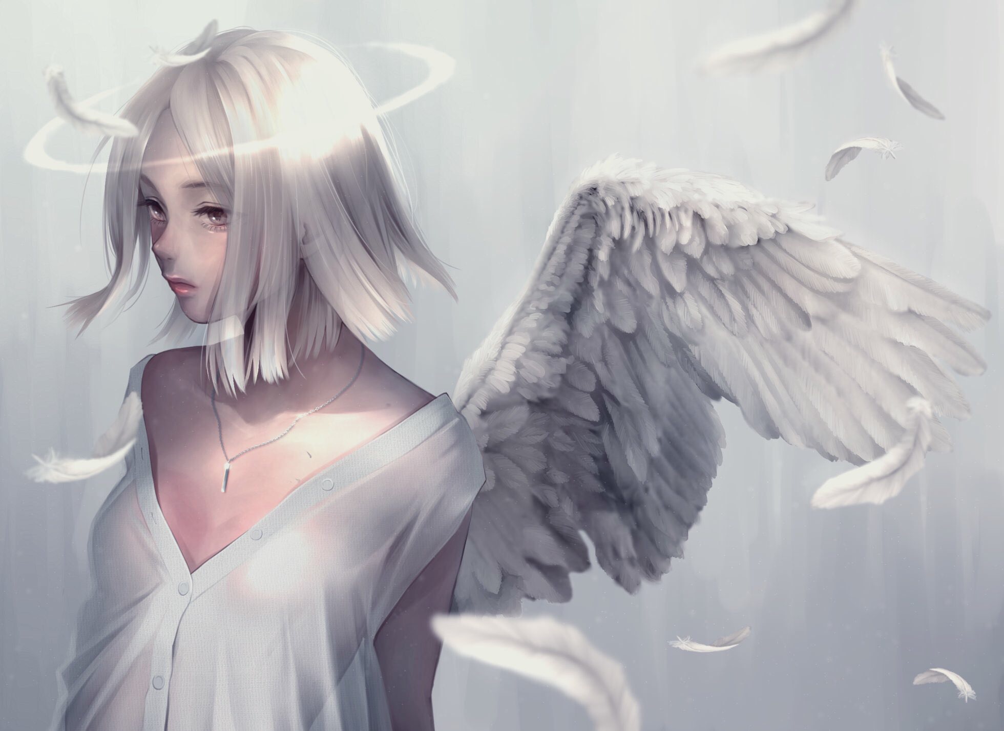 Обои girl, fantasy, anime, wings, feathers, Angel, digital art, artwork на  телефон и рабочий стол, раздел фантастика, разрешение 1960x1427 - скачать