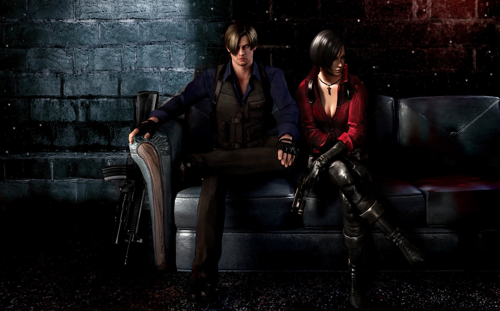 Скачать обои пистолет, оружие, диван, автомат, fanart, Resident Evil 6,  Leon Scott Kennedy, Ada Wong, раздел игры в разрешении 2000x1247