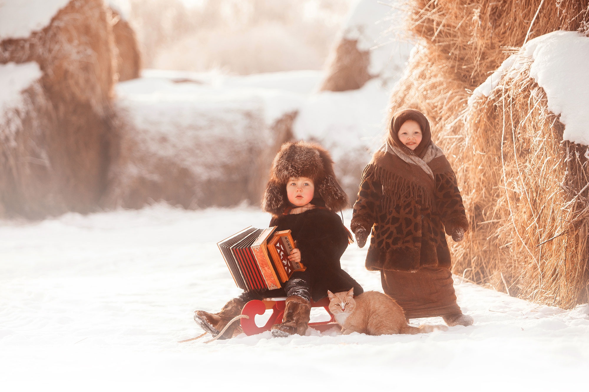 Дети зимой в деревне