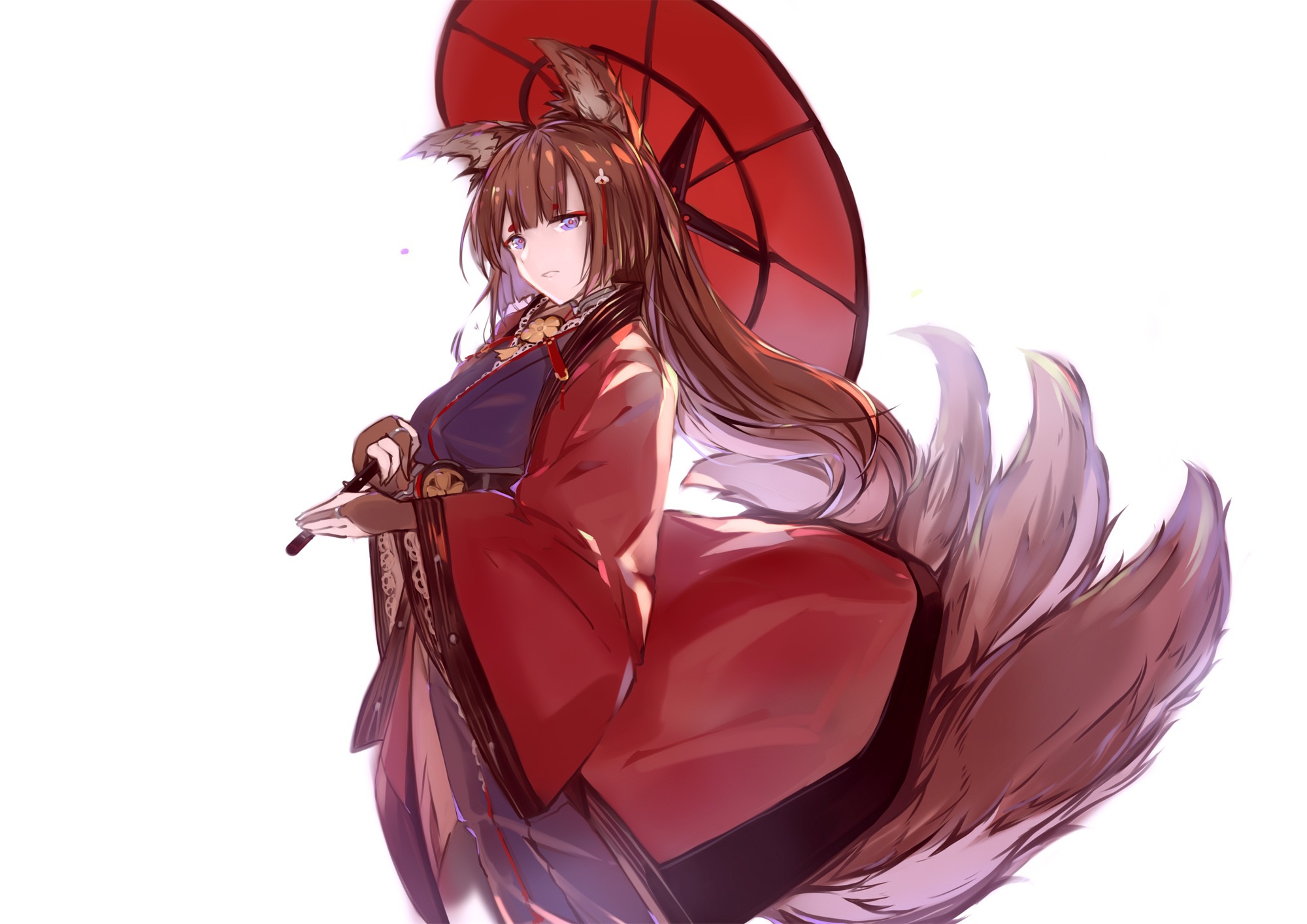 Обои белый фон, японская одежда, красный зонт, Amagi, демон-лис, kitsune,  Azur Lane, рыжая девочка на телефон и рабочий стол, раздел игры, разрешение  2000x1414 - скачать