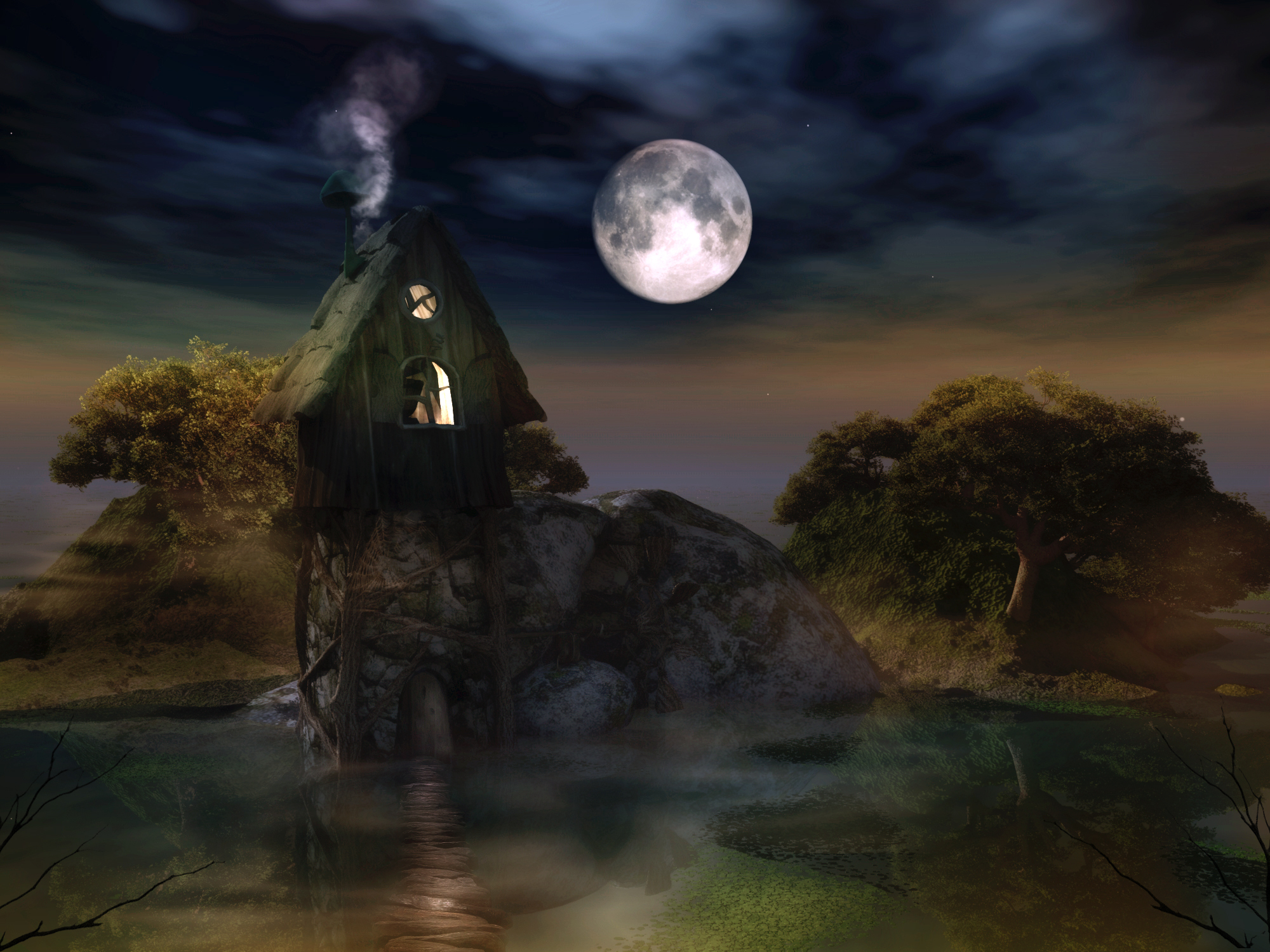 Дом на луне картинки. Таинственные пейзажи. Мистические пейзажи. Таинственная ночь. Сказочные домики ночью.