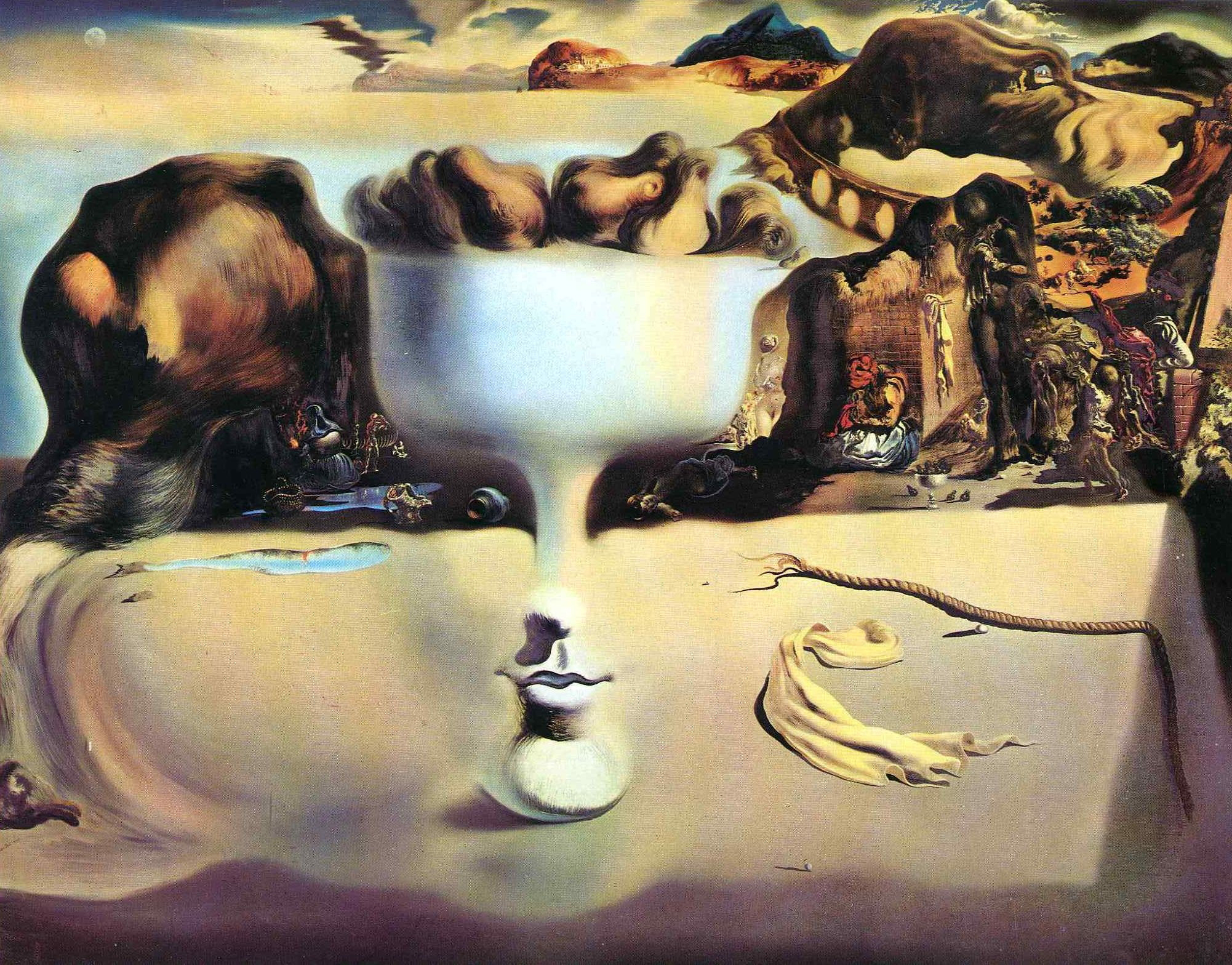 Обои сюрреализм, картина, salvador dali, сальвадор дали, живописец, 1938  год, явление лица и вазы с фруктами на берегу моря на телефон и рабочий  стол, раздел стиль, разрешение 2002x1568 - скачать