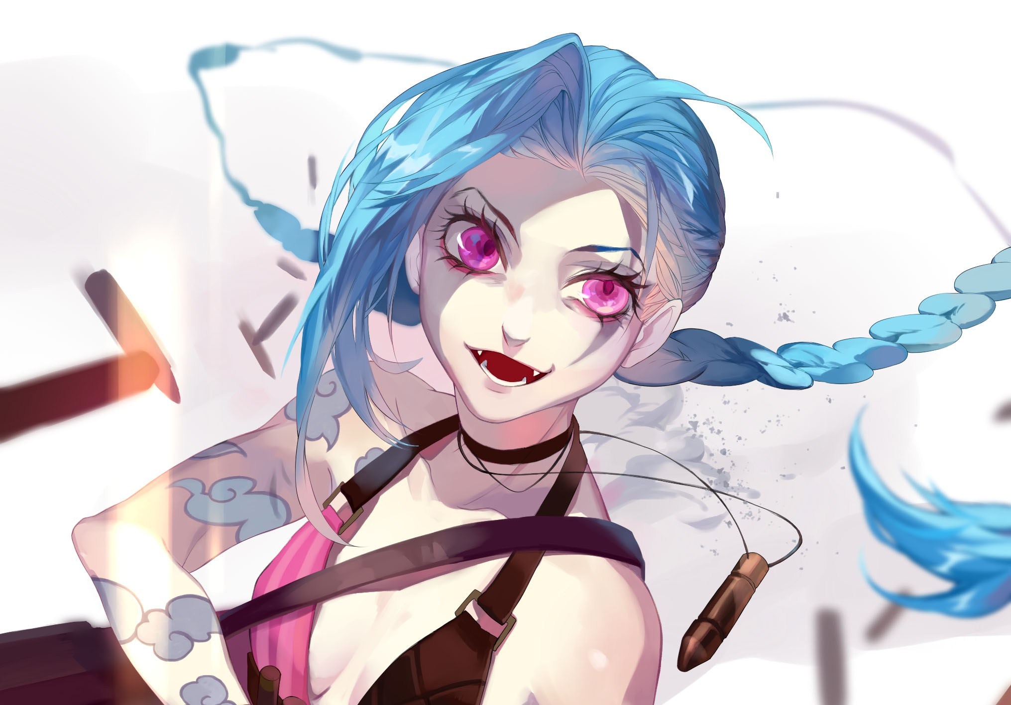 Скачать обои девушка, арт, патроны, зубки, League of Legends, LoL, Jinx,  раздел игры в разрешении 2031x1417