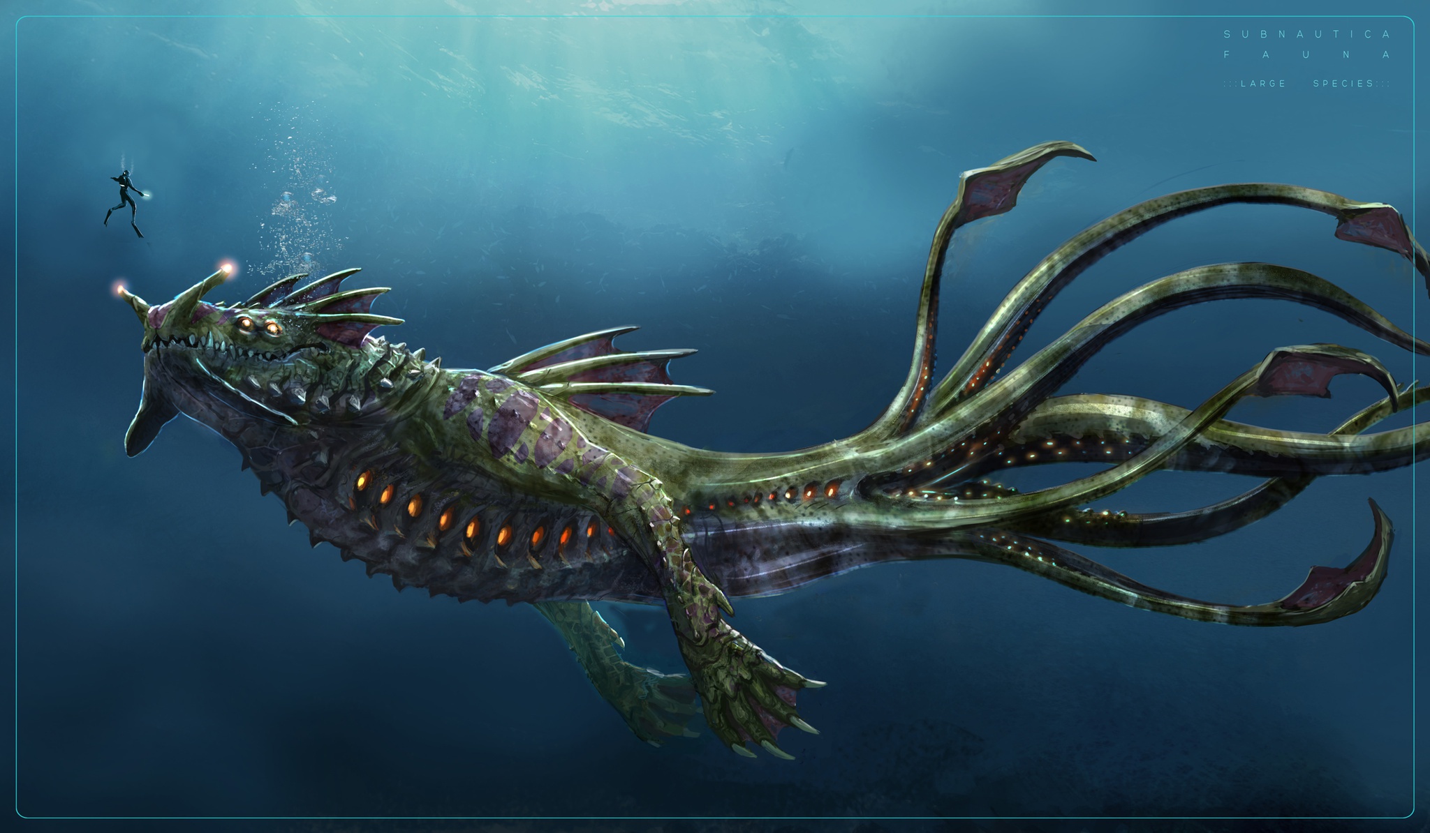 Скачать обои водолаз, монстр, Subnautica, раздел игры в разрешении 2048x1194