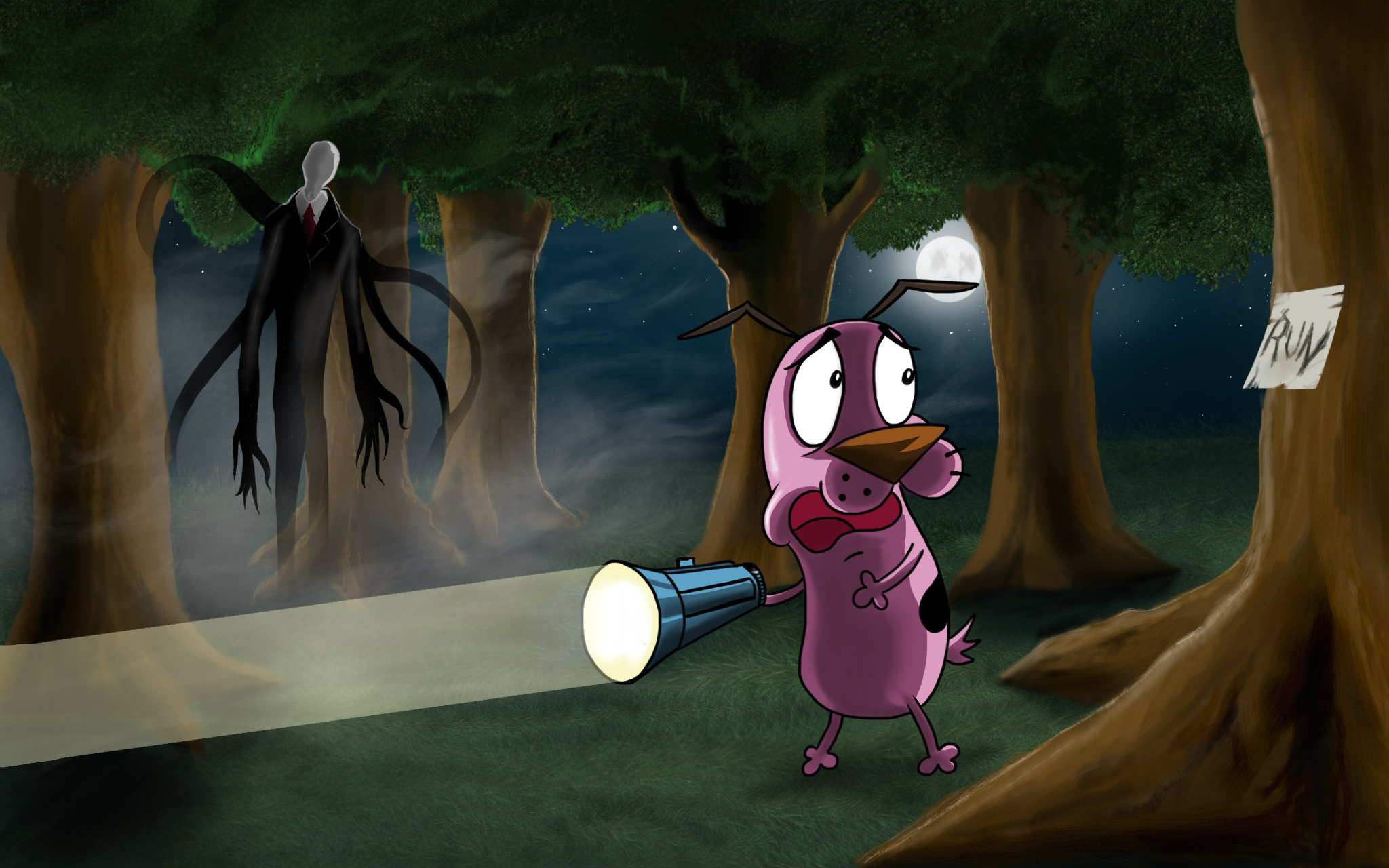 Обои лес, деревья, предупреждение, собака, фонарь, прикол, Slenderman,  Courage - The Cowardly Dog на телефон и рабочий стол, раздел разное,  разрешение 2048x1280 - скачать