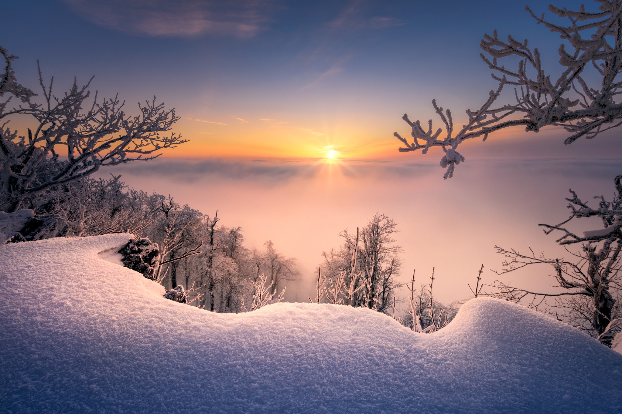 Снежок утром. Рассвет зимой. Снежное утро. Зимний пейзаж с солнцем. Снежная природа.
