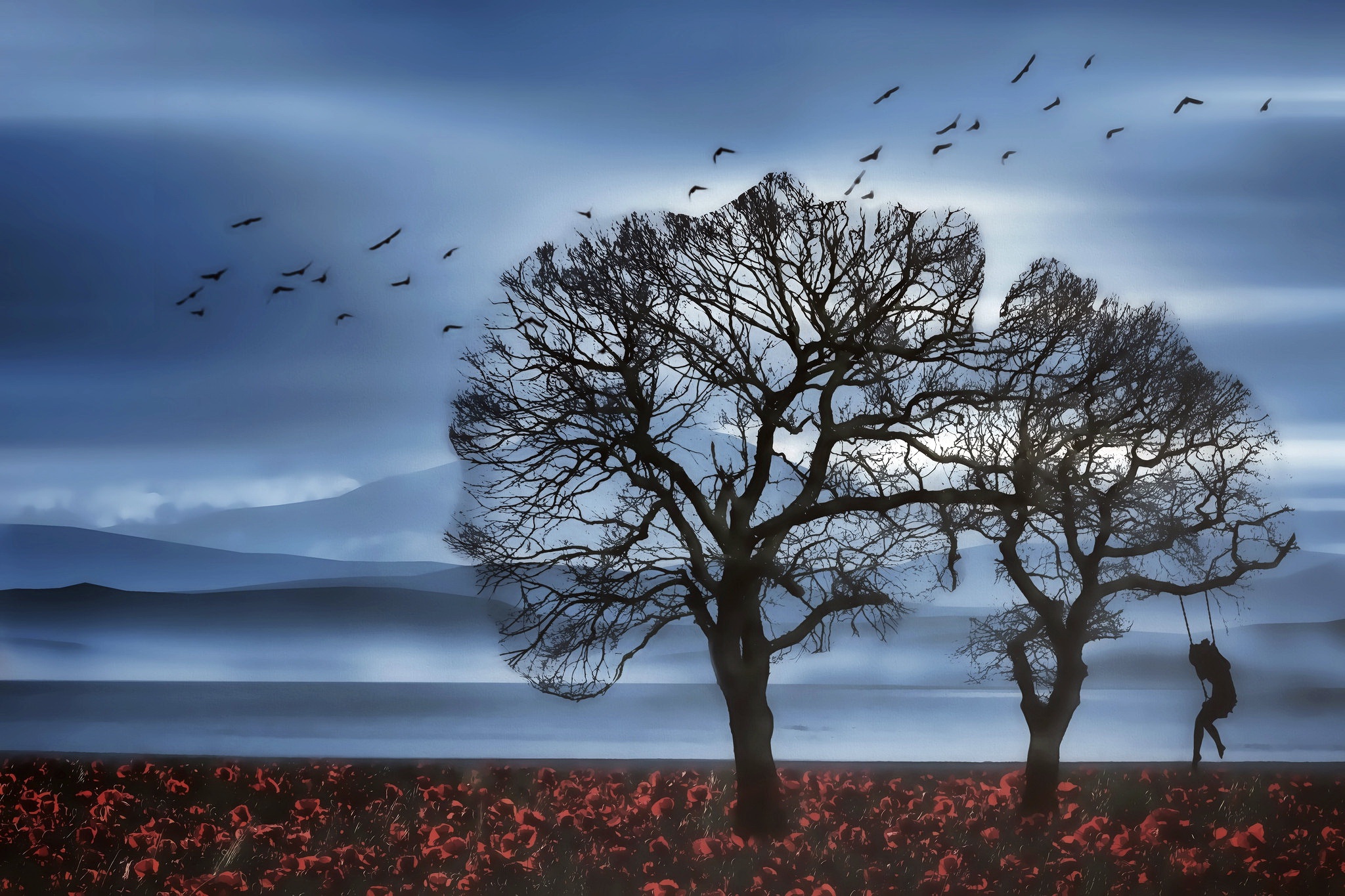 Flying tree. Картина одинокое дерево. Одинокое дерево живопись. Одинокое дерево и человек. Птицы на дереве.