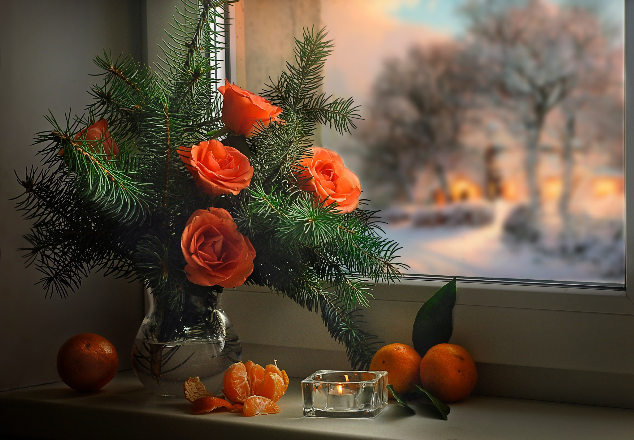 Картинка хорошего вечера зимнего настроения. Новогодний натюрморт. Зимний натюрморт. Букет на зимнем окне. Букет цветов на окне зимой.