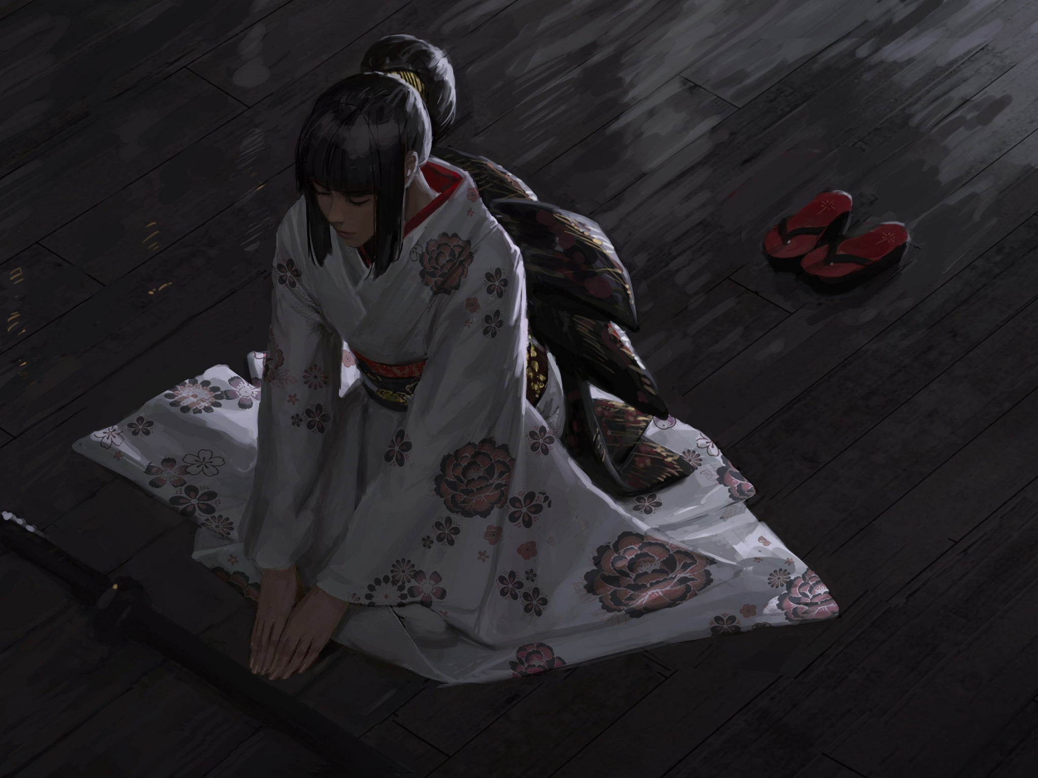 Guweiz Тихиро. Сидит в кимоно. Девушка в кимоно сидит. Девушка кимоно катана.