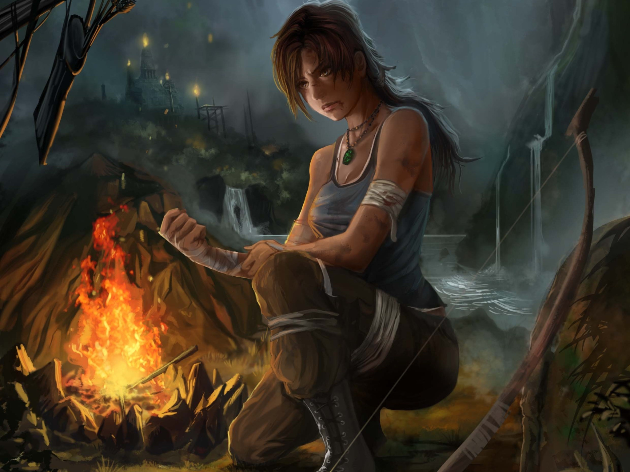 Скачать обои tomb raider, лук, девушка, костер, lara croft, раны, огонь, ар...