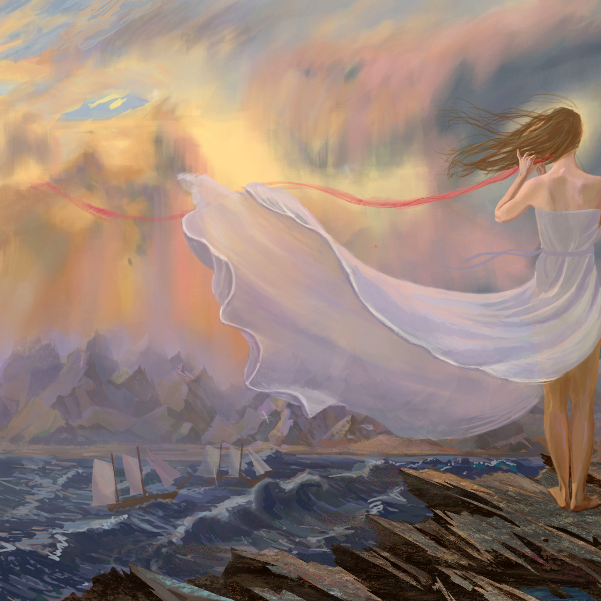 Запутался ветер. Девушка у моря картина. Женщина на ветру. Девушка на скале рисунок. Девушка и море живопись.