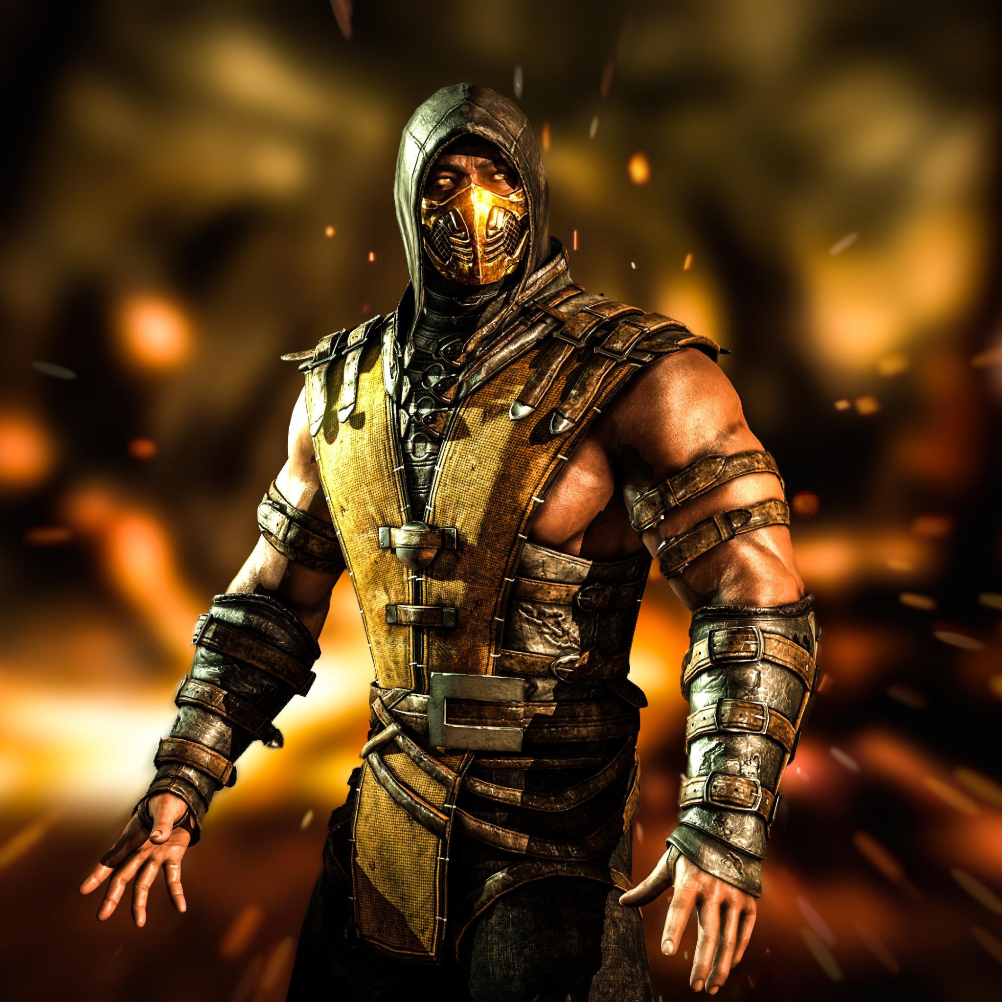 Скачать обои Желтый, Огонь, Ниндзя, Скорпион, Боец, Мортал Комбат, Scorpion,  Mortal Kombat X, раздел игры в разрешении 2048x2048