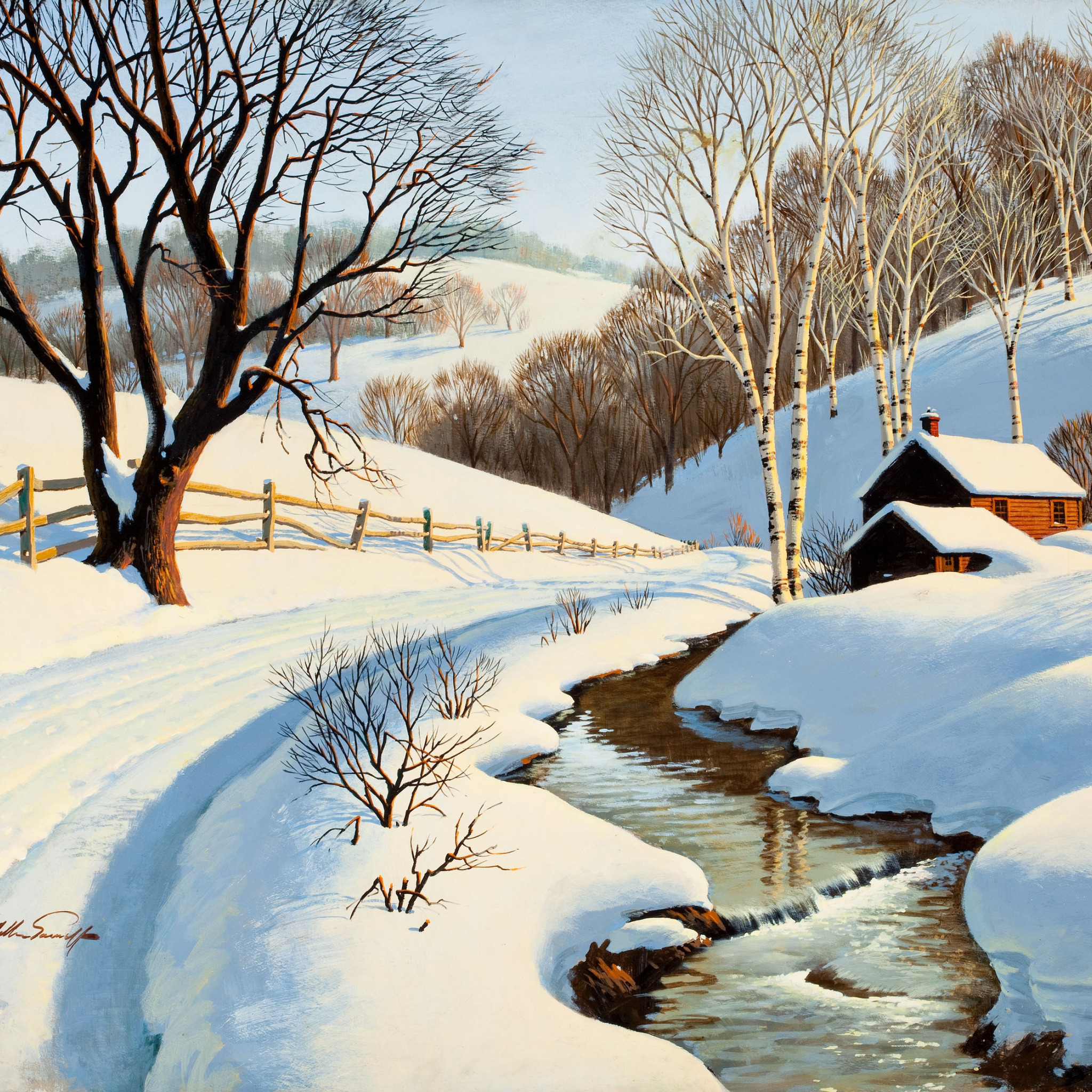 Снег сходит с пригорков веселыми ручейками. Arthur Saron Sarnoff пейзажи. Зимний пейзаж. Весенний пейзаж.