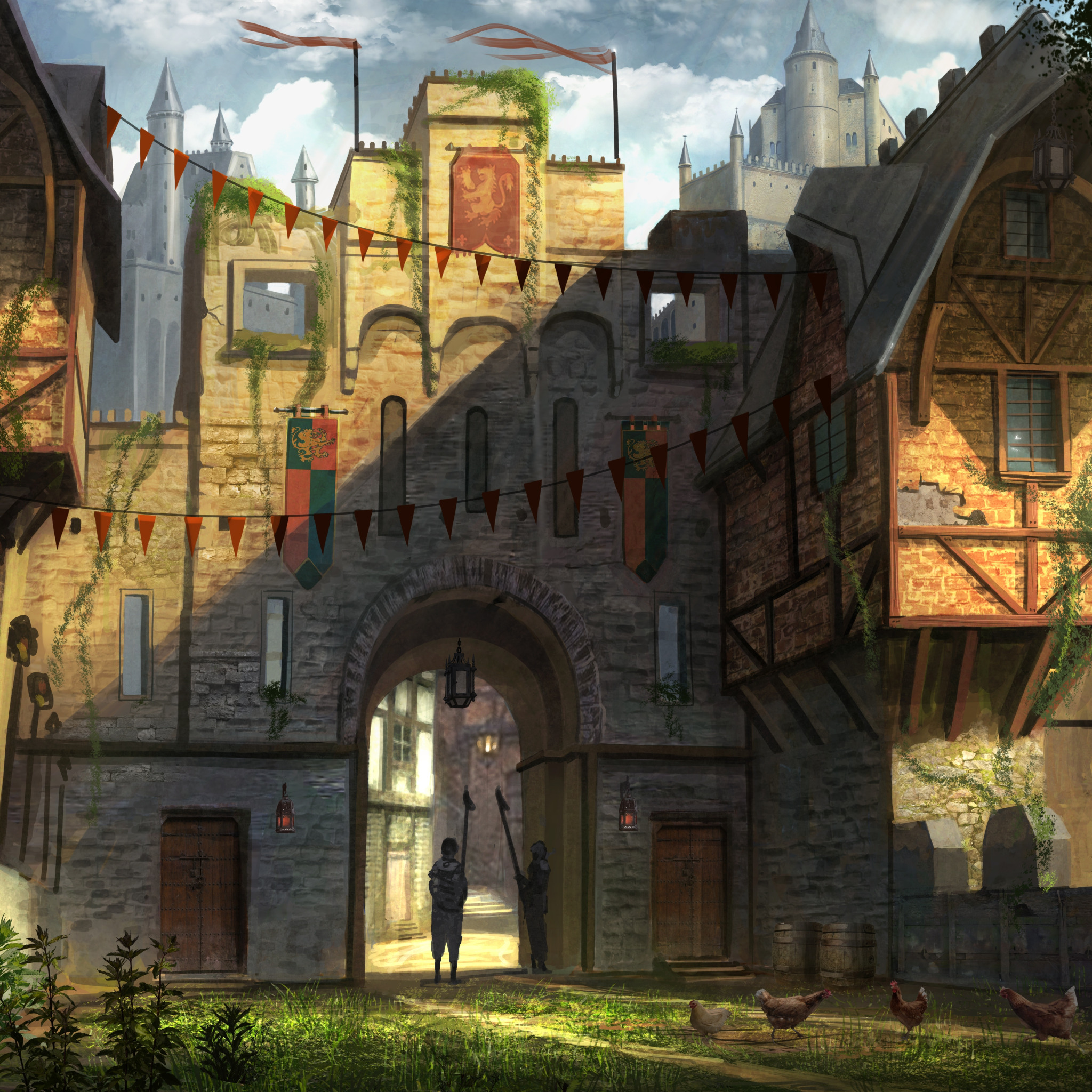 Средневековый город арт ДНД. Средневековый город с замком. Ворота средневекового города. Замок с деревней.