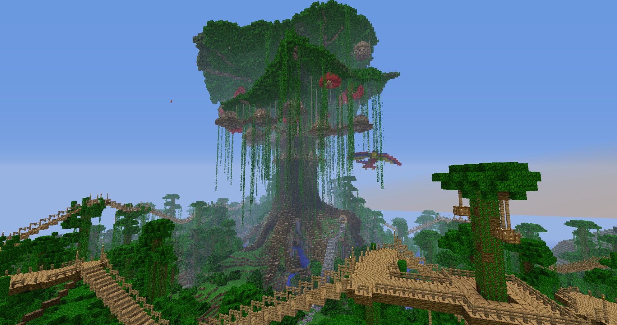 Скачать обои лес, небо, мост, дом, дерево, джунгли, jungle, minecraft,  раздел игры в разрешении 2050x1080