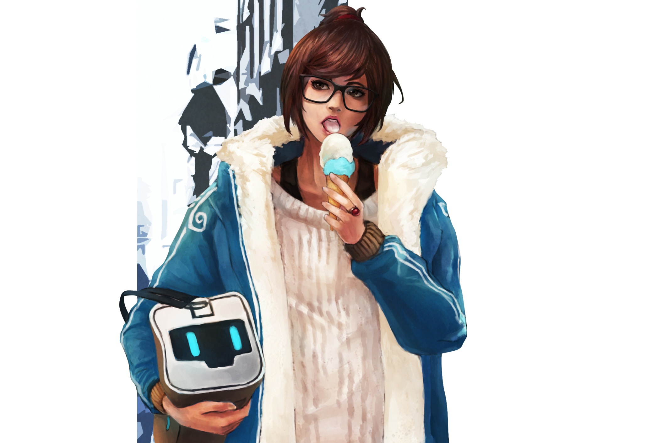 Скачать обои очки, мороженое, сумка, art, mei, overwatch, Mei-Ling Zhou,  winter collection, раздел игры в разрешении 2108x1411