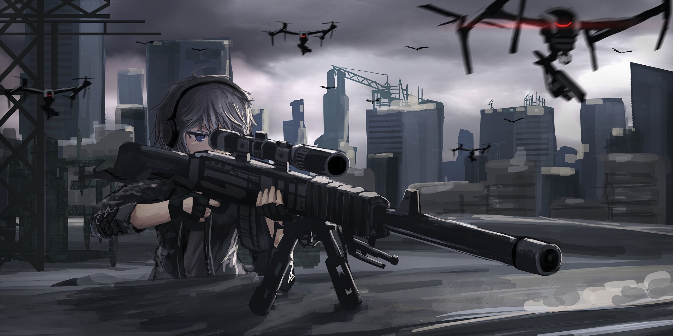 Обои girl, gun, weapon, anime, sniper, asian, japanese, drone на телефон и  рабочий стол, раздел арт, разрешение 2160x1080 - скачать