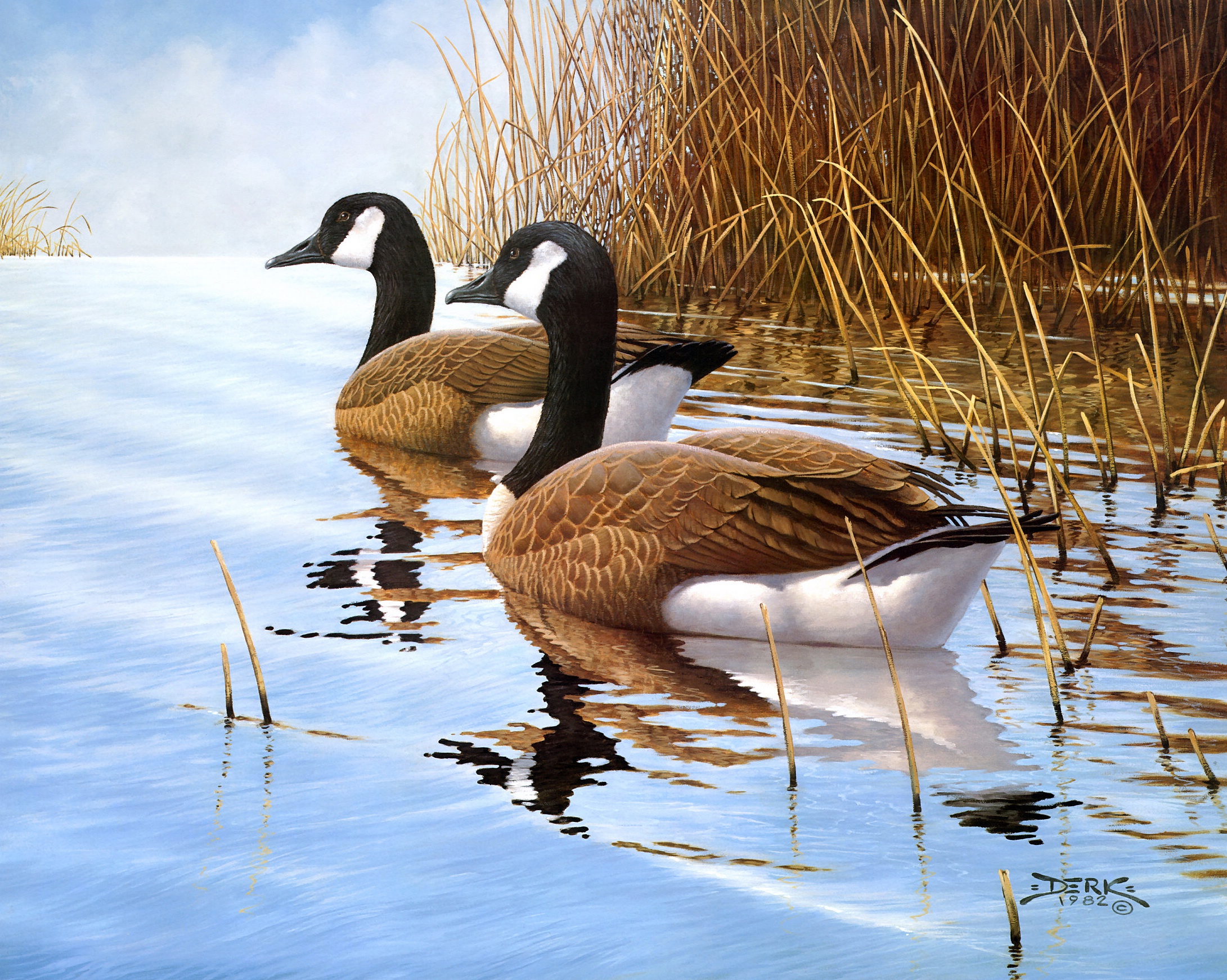 Двое уток. Хансен Дерк (Derk Hansen) художник. Селезни пейзаж. Картина утки. Живопись птицы на водоеме.