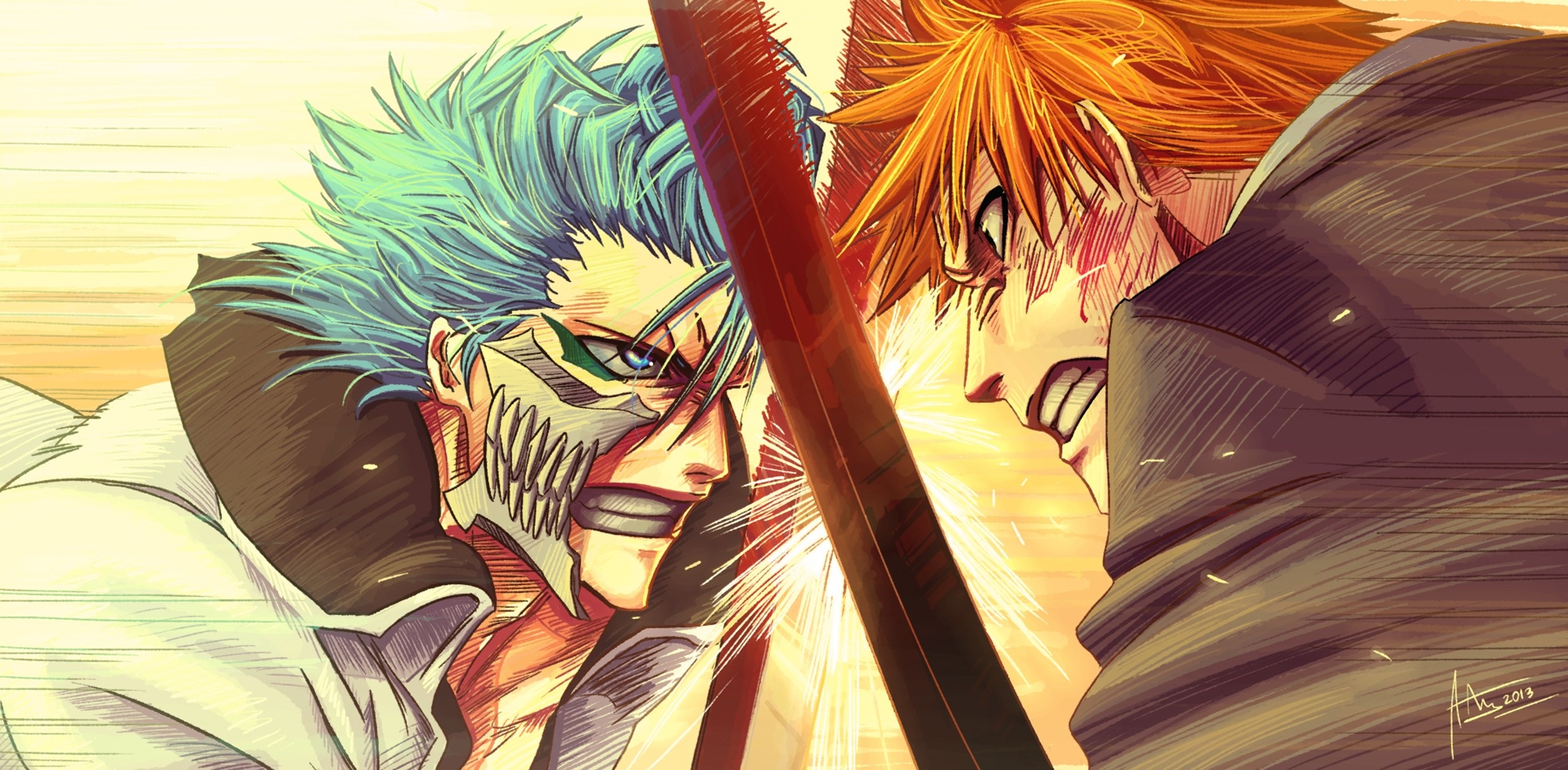 Обои бой, bleach, Ichigo Kurosaki, anime, art, Grimmjow Jaegerjaques на  телефон и рабочий стол, раздел аниме, разрешение 2197x1080 - скачать