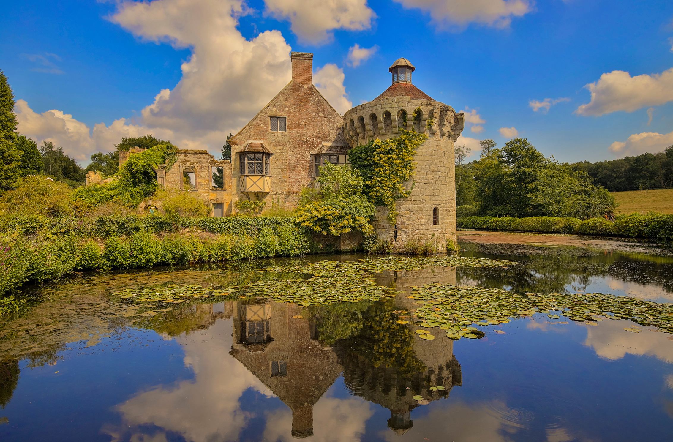 небо, озеро, отражение, замок, растительность, Англия, Кент, England