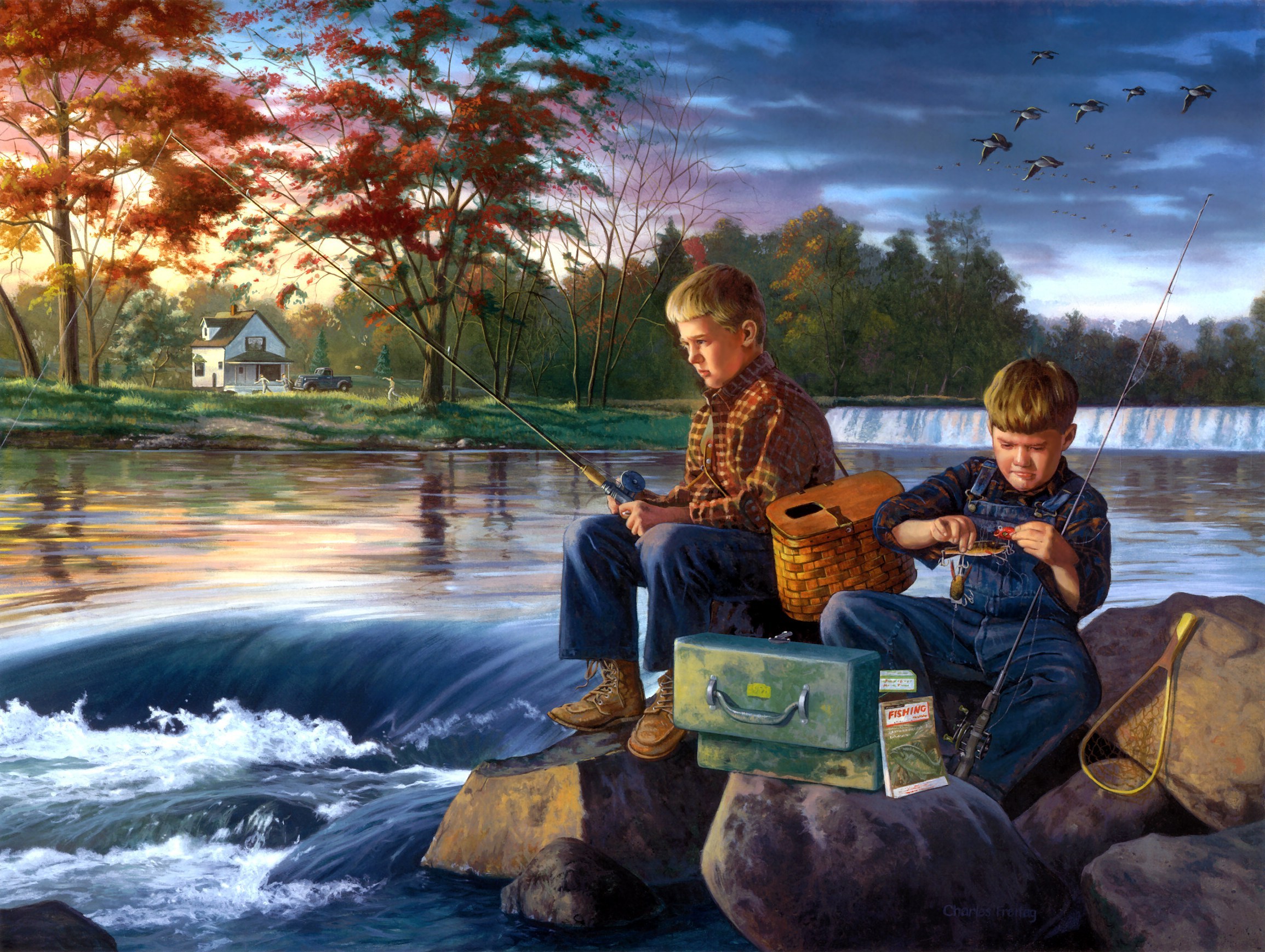 Братья ловят рыбу. Дети на берегу речки. Рыбалка пейзаж. Сюжетная живопись картины. Человек с удочкой картина.