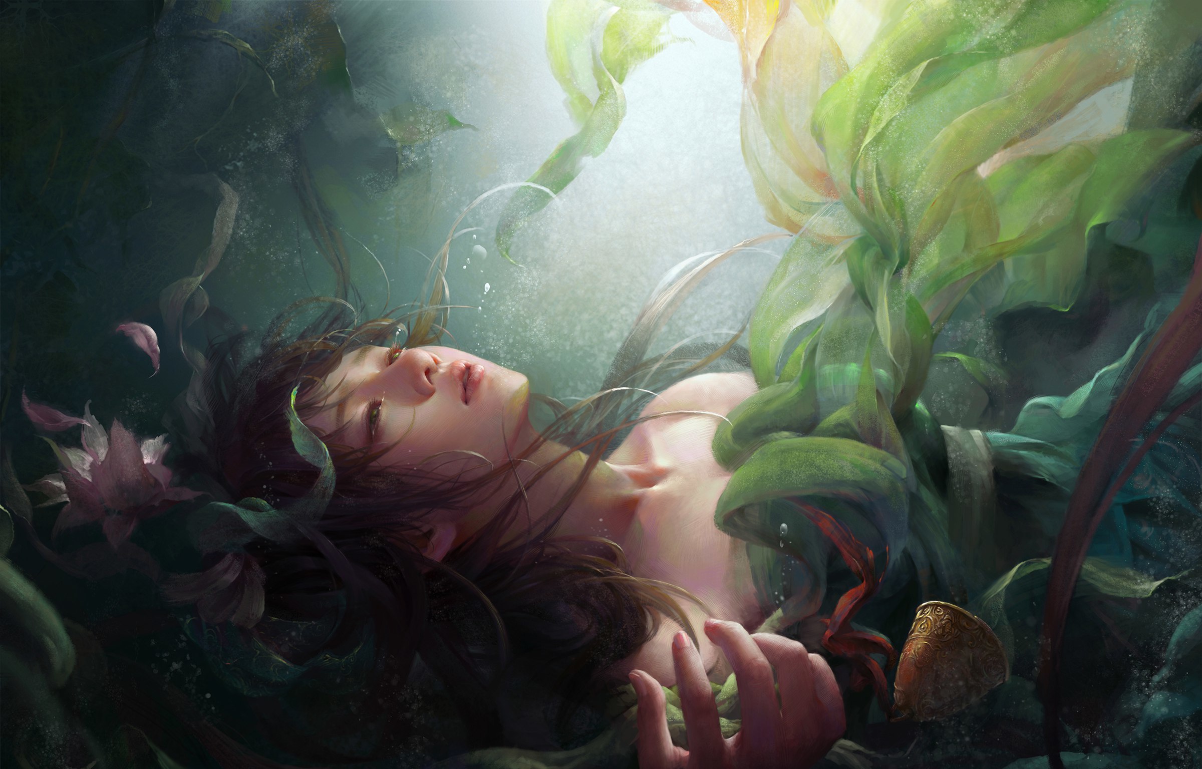Сон спасти утопающую. Helga Helleborus художник. Русалка под водой. Девушка в водорослях. Девушка в воде арт.