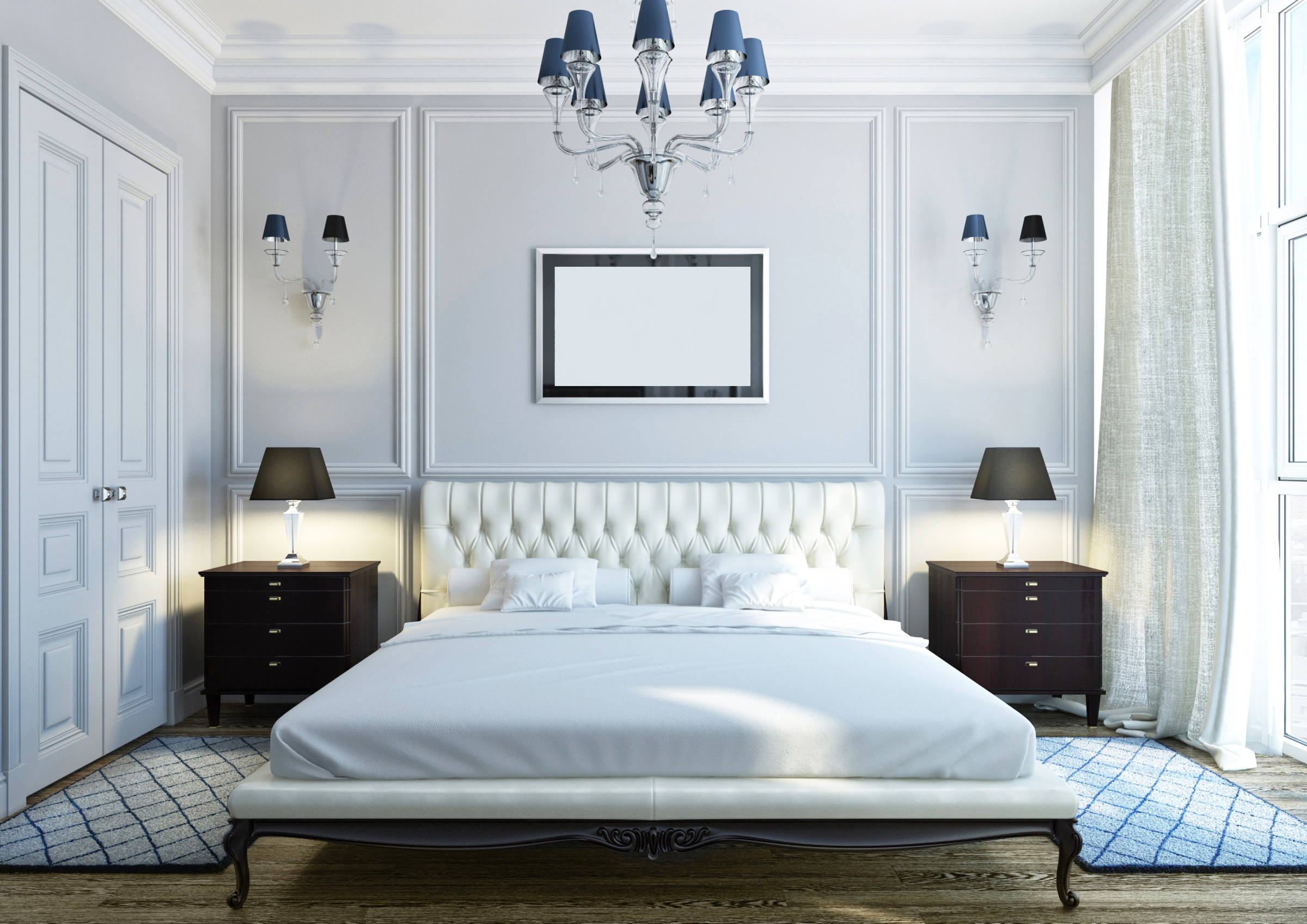 белая классическая спальня в интерьере