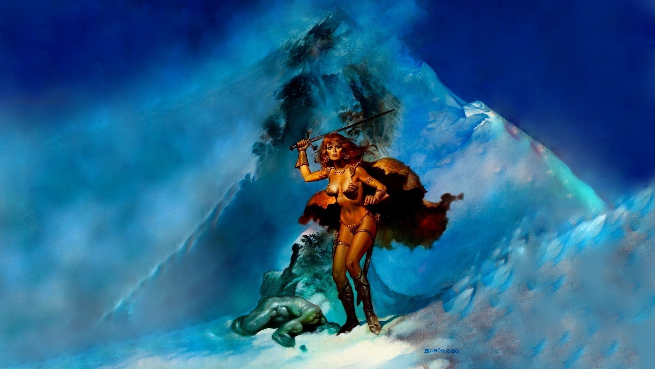 Скачать обои Горы, Red Sonja, Рыжая Соня, Борис Вальехо, Boris Vallejo,  Бронебикини, раздел фантастика в разрешении 2480x1396